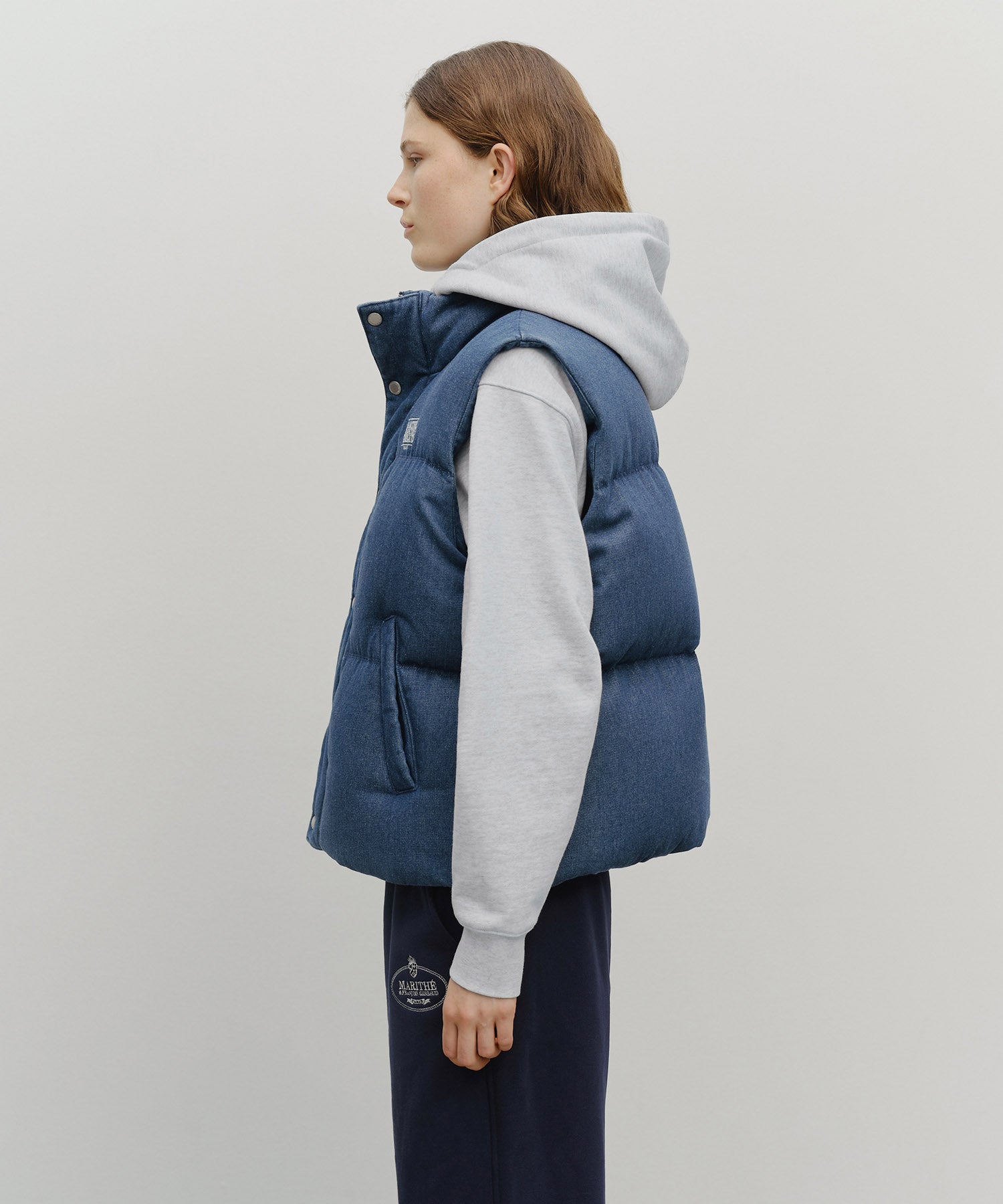 Marithe & Francois Girbaud - Classic Logo Denim Down Vest (Dark Blue) product image 2 | TRAB K-Fashion Australia