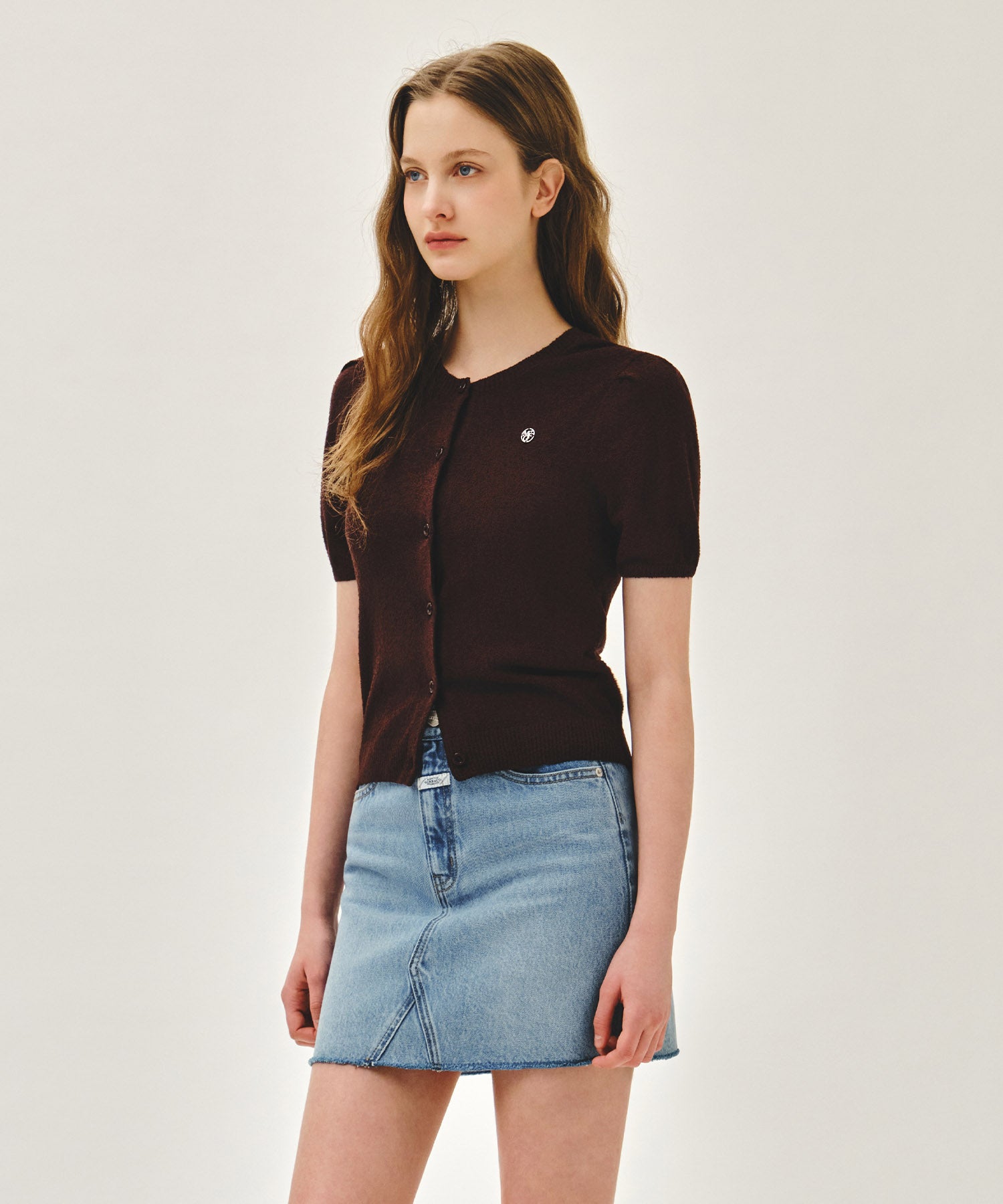 Marithe & Francois Girbaud - Puff Sleeve Half Knit Cardigan (Dark Brown) product image 2 | TRAB K-Fashion Australia