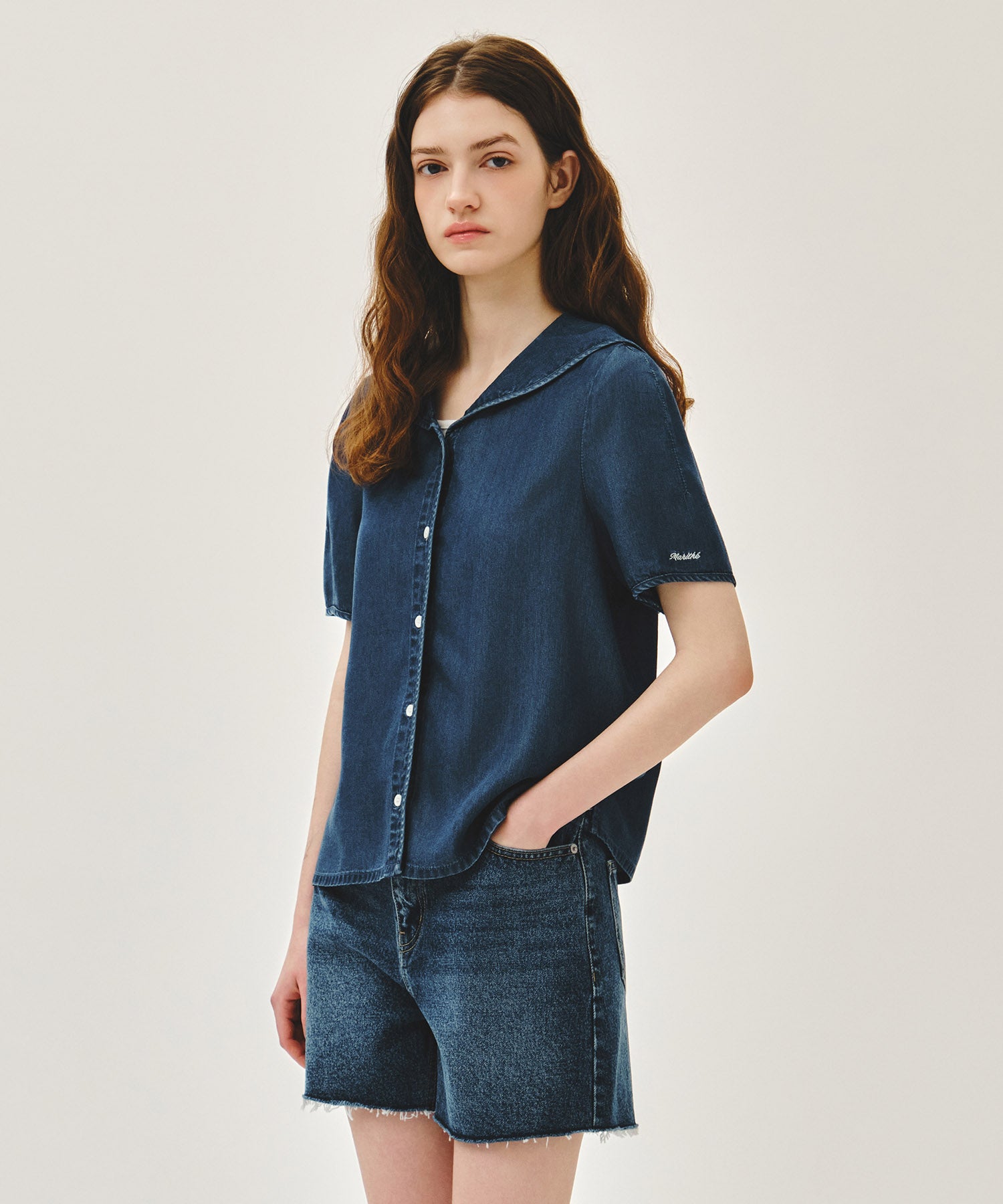 Marithe & Francois Girbaud - Sailor Collar Short Sleeve Chambray Shirt (Dark Blue) product image 2 | TRAB K-Fashion Australia