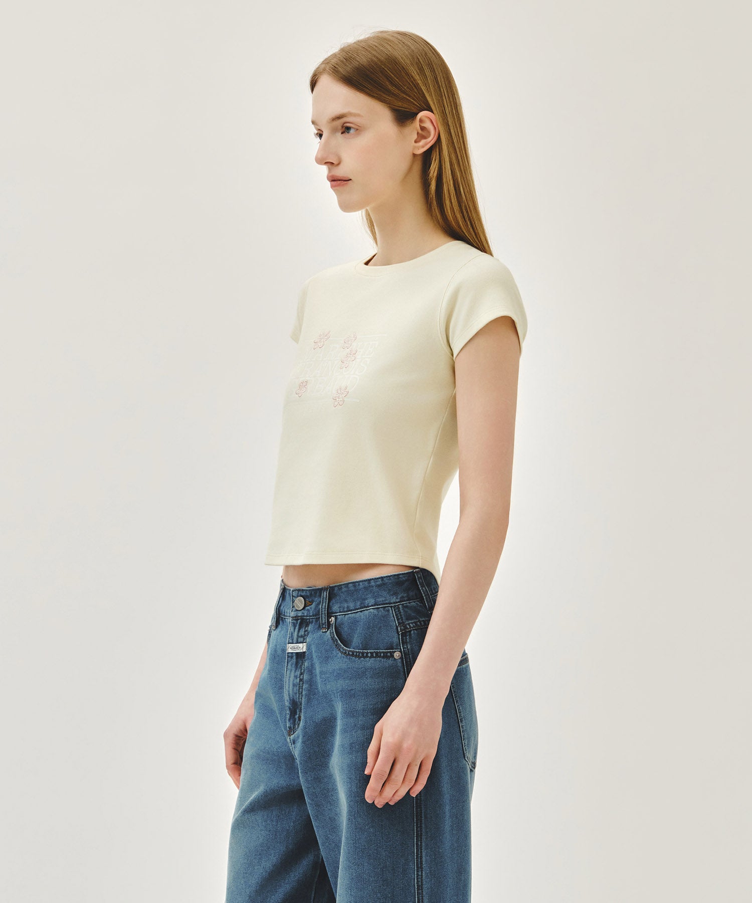 Marithe & Francois Girbaud - Flower Classic Logo Cap Sleeve Slim Crop Tee (Cream) product image 2 | TRAB K-Fashion Australia