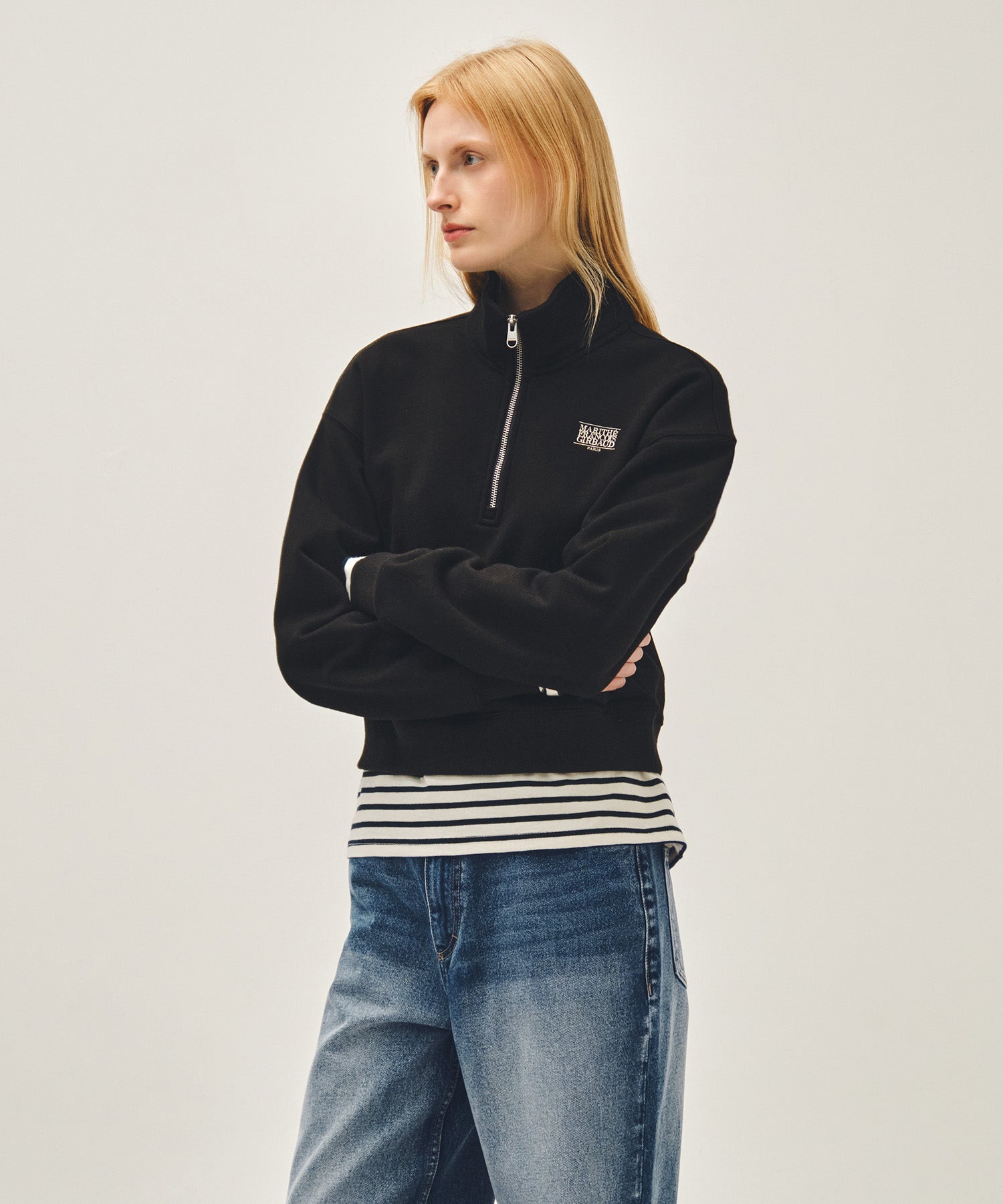 Marithe & Francois Girbaud - Small Classic Logo Half Zipup Crop Sweatshirt (Black) product image 2 | TRAB K-Fashion Australia