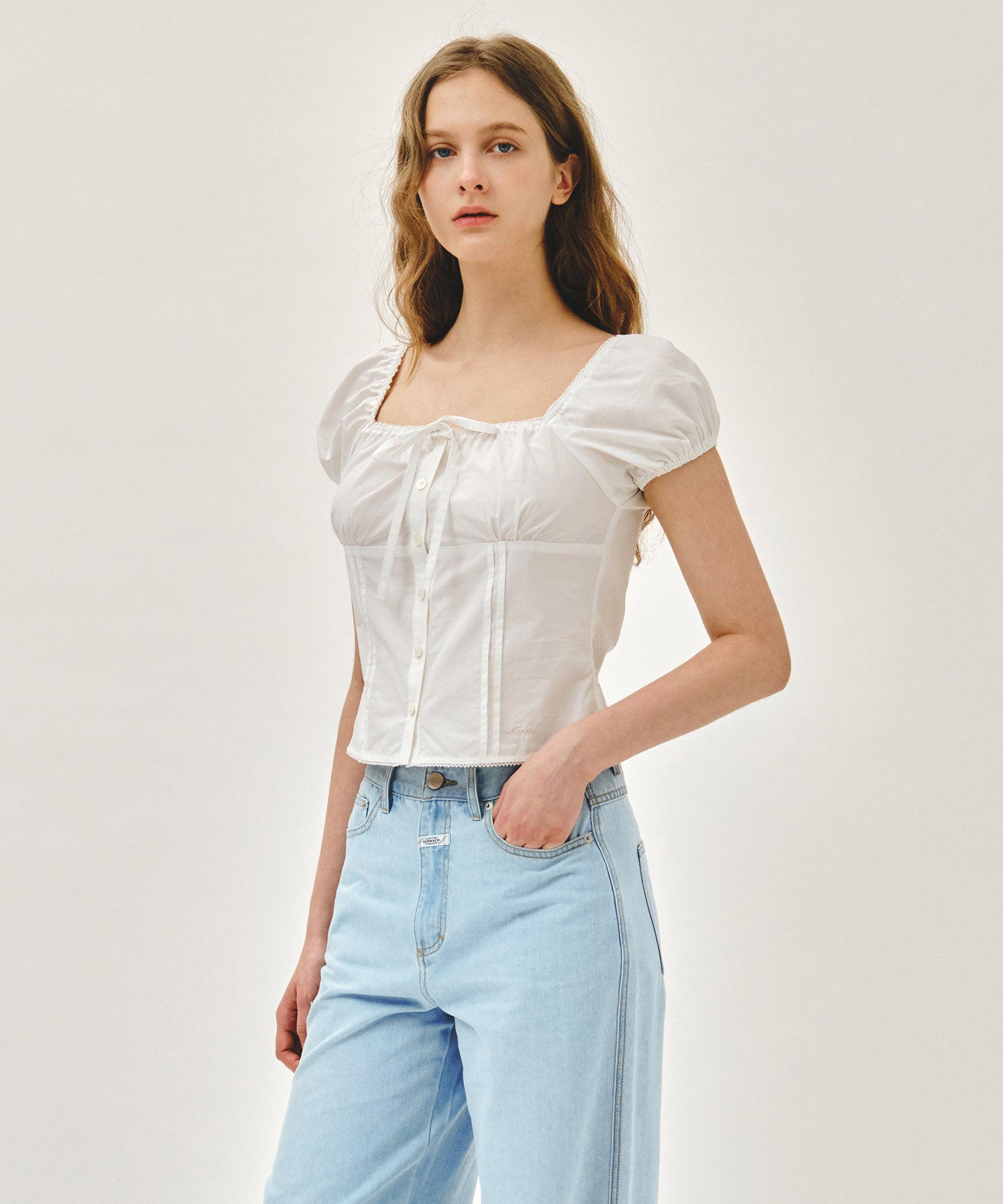 Marithe & Francois Girbaud - Cap Sleeve Ribbon Blouse (White) product image 2 | TRAB K-Fashion Australia