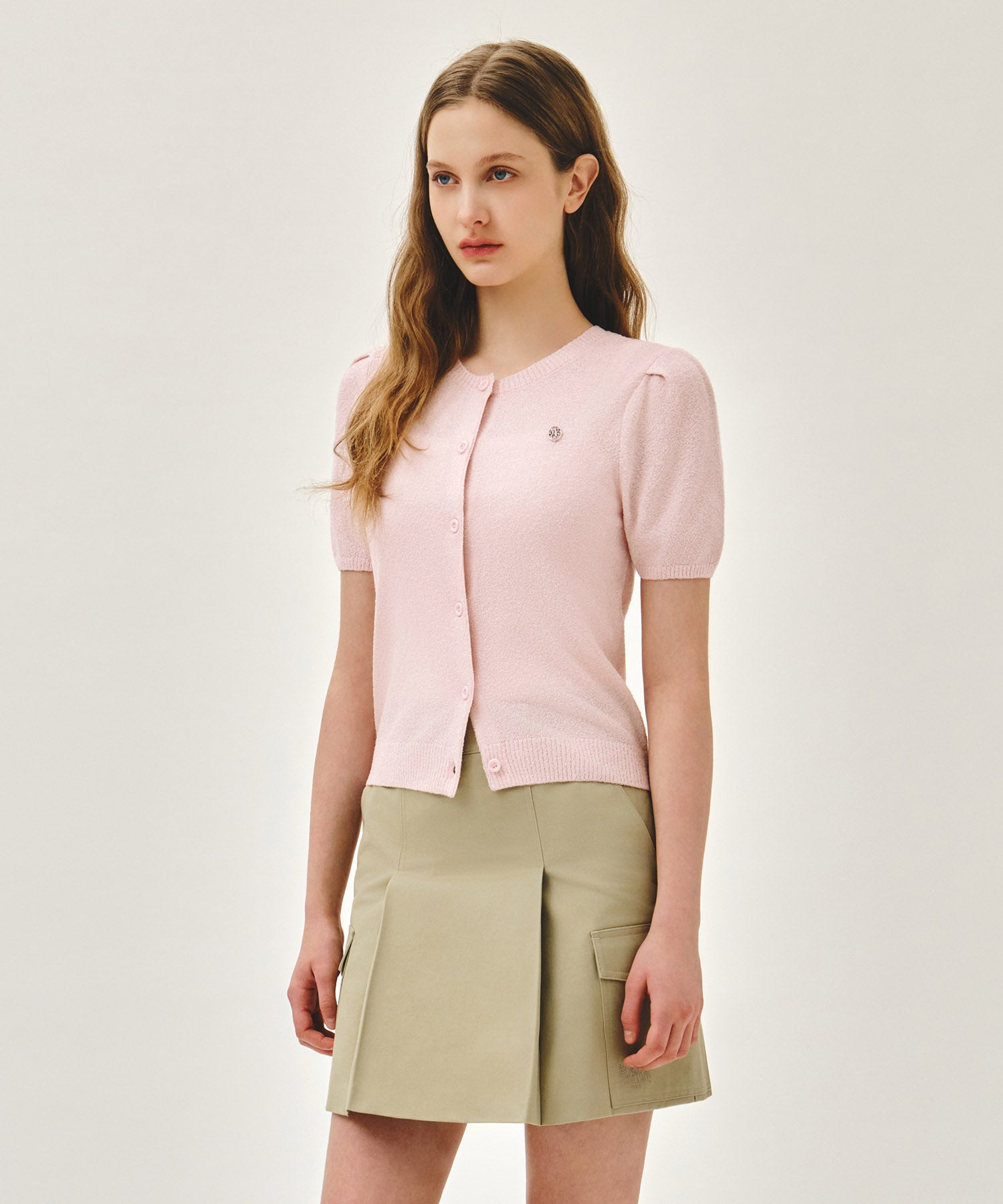 Marithe & Francois Girbaud - Puff Sleeve Half Knit Cardigan (Pink) product image 2 | TRAB K-Fashion Australia