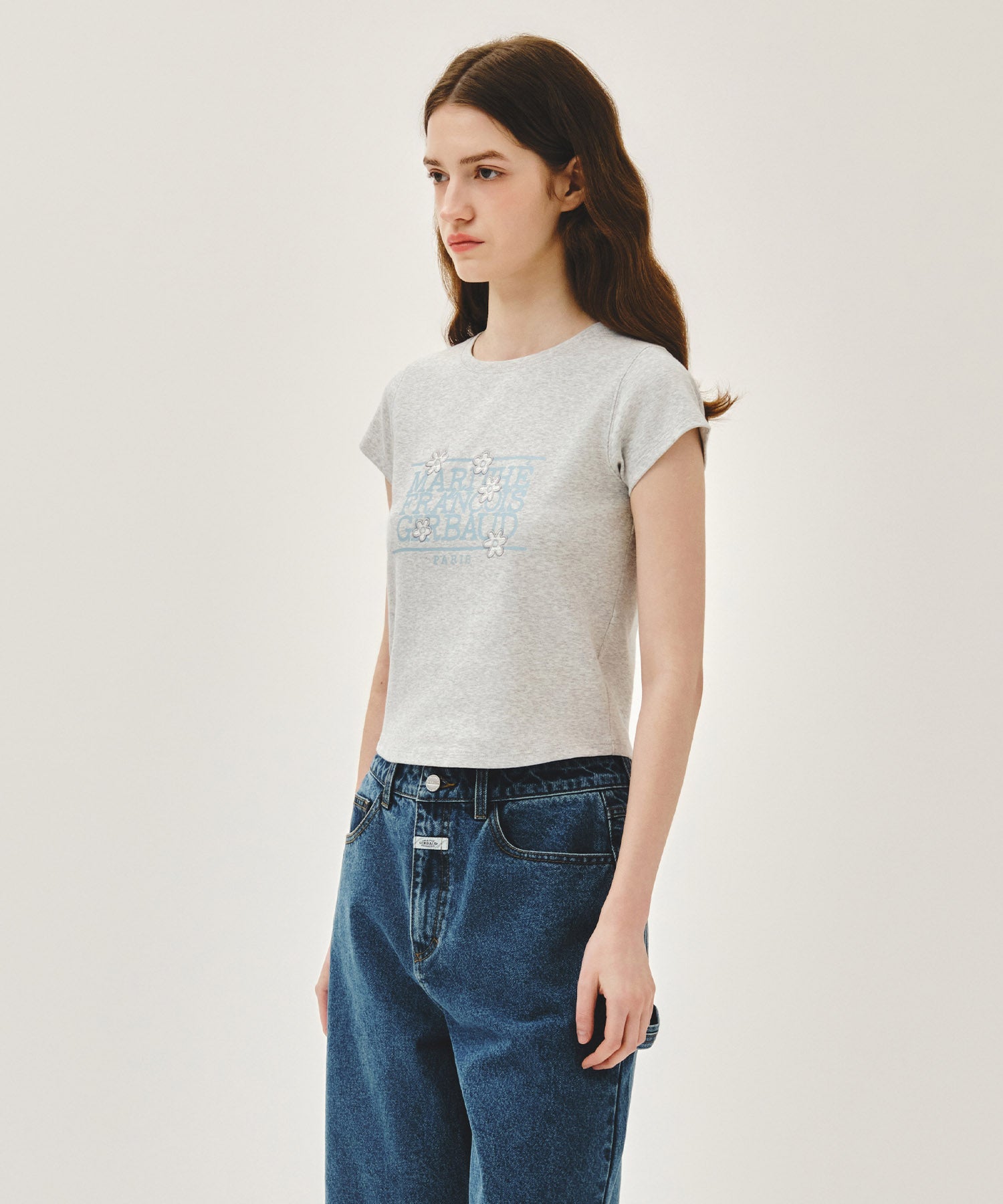 Marithe & Francois Girbaud - Flower Classic Logo Cap Sleeve Slim Crop Tee (Light Heather Gray) product image 2 | TRAB K-Fashion Australia
