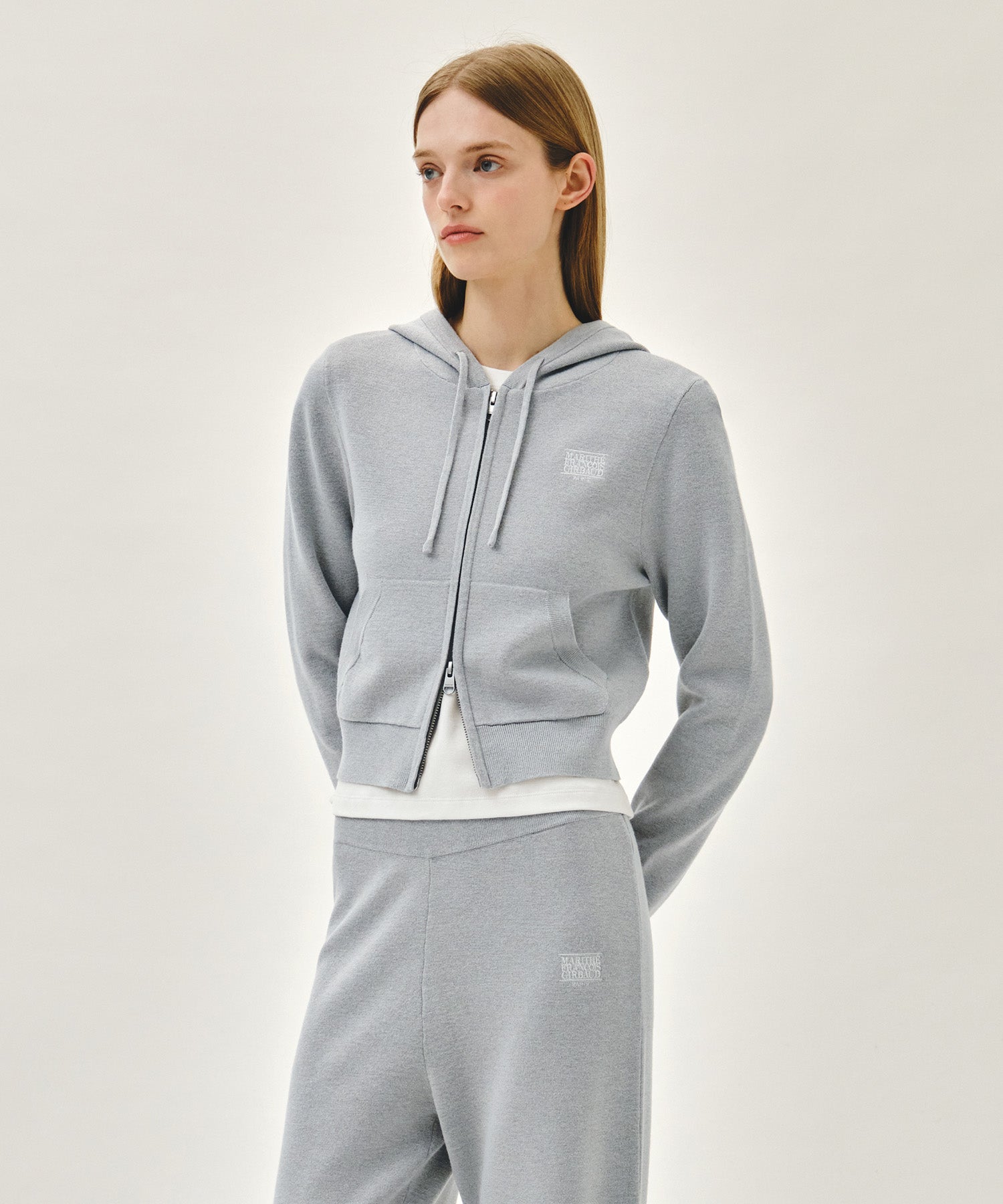 Marithe & Francois Girbaud - Small Classic Logo Crop Knit Hoodie Zipup (Heather Gray) product image 2 | TRAB K-Fashion Australia