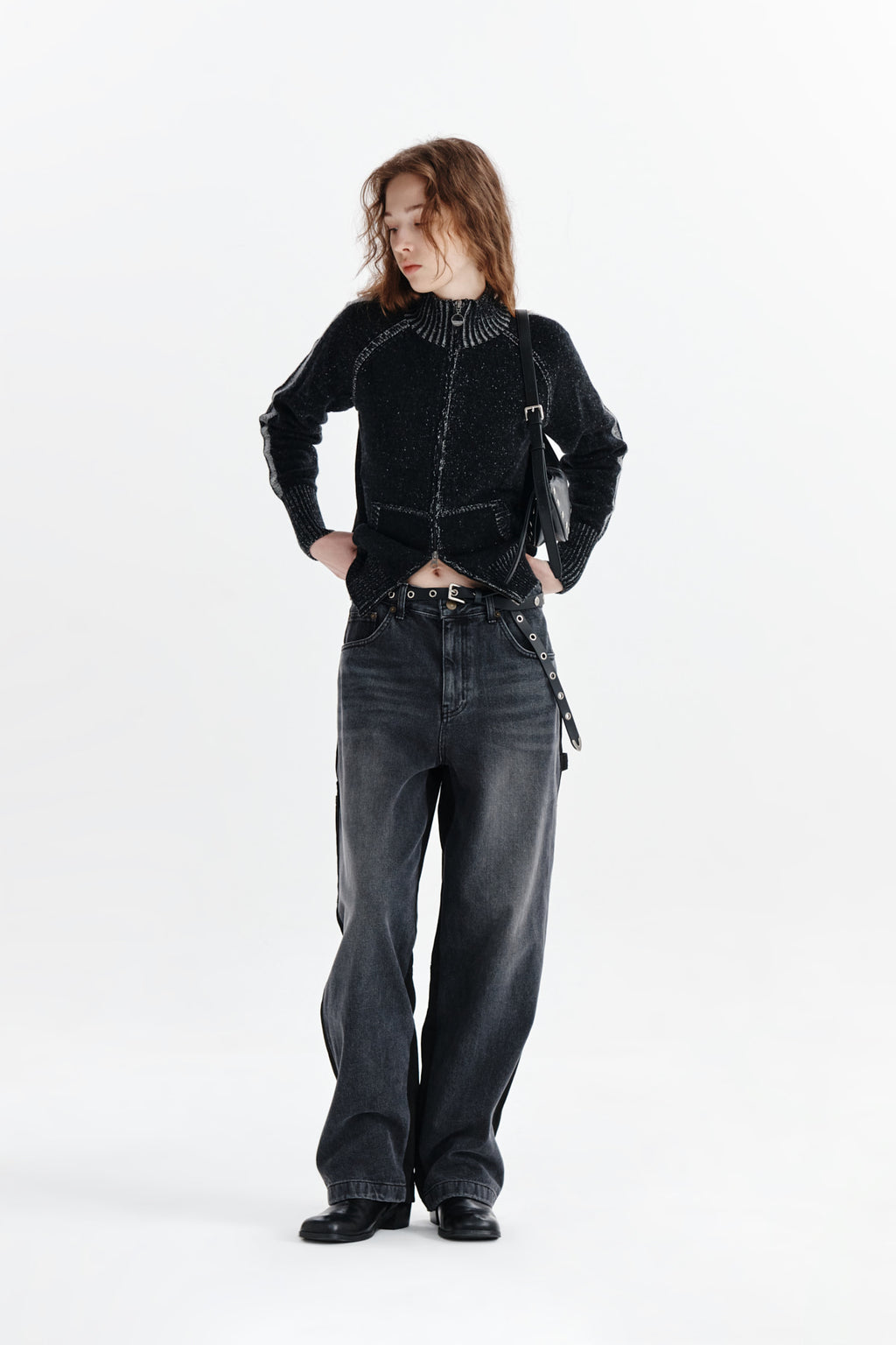 Matin Kim - Two Tone Mixed Knit Zip Up (Black) product image 8 | TRAB K-Fashion Australia