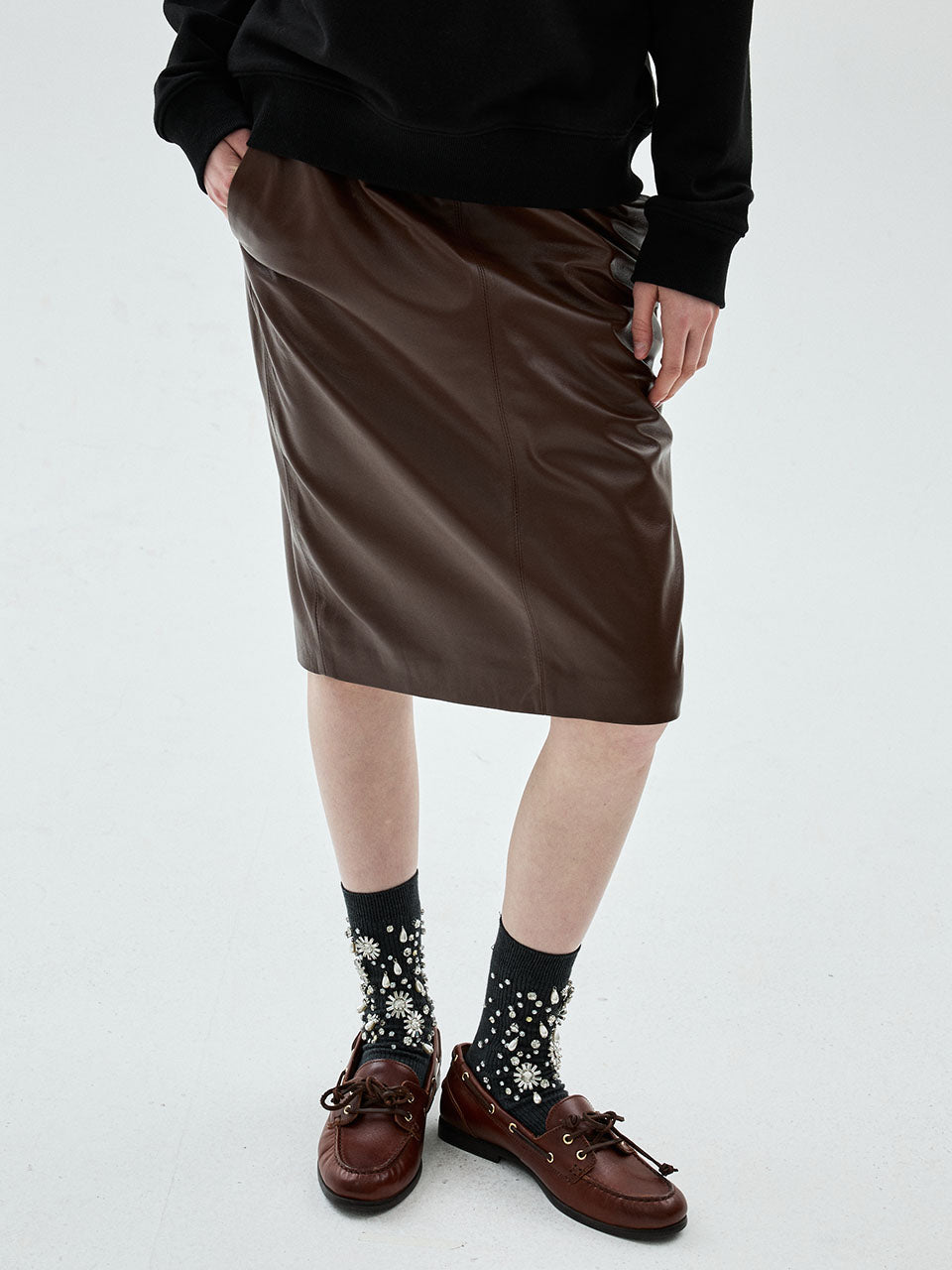 Mardi Mercredi - Lambskin Midi Skirt (Brown) product image 1 | TRAB K-Fashion Australia