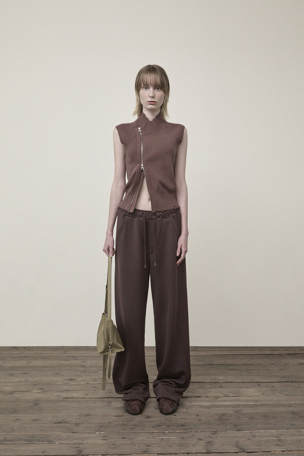 Matin Kim - High Neck Logo Knit Zip Up Vest (Brown) product image 6 | TRAB K-Fashion Australia