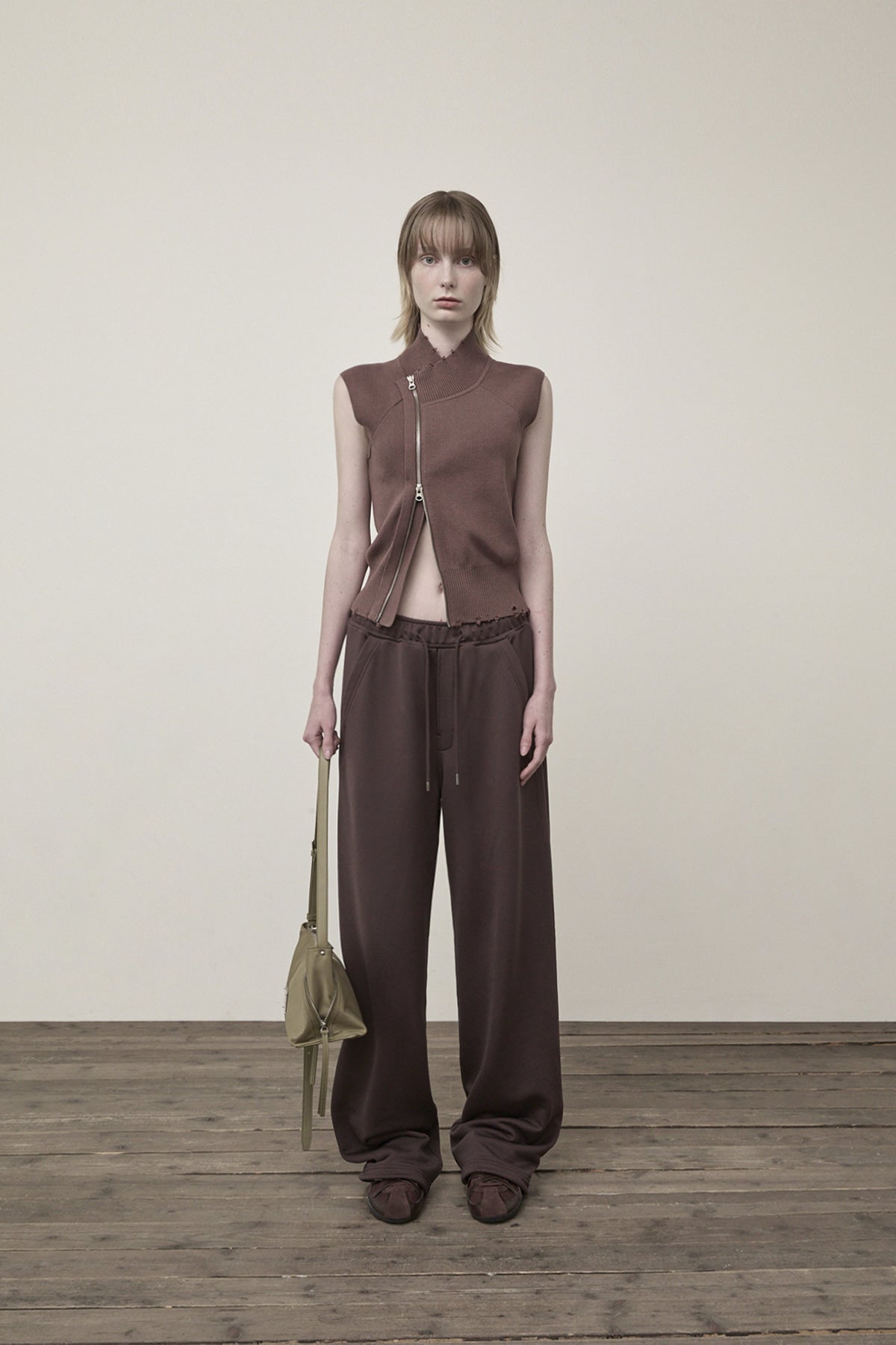 Matin Kim - High Neck Logo Knit Zip Up Vest (Brown) product image 6 | TRAB K-Fashion Australia