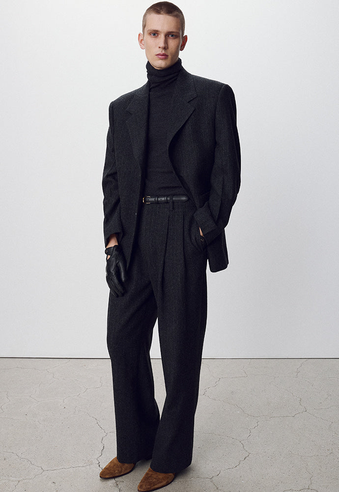 Tonywack - Striped Wool Double-Pleats Wide Trousers (Dark Grey Pinstripe) product image 1 | TRAB K-Fashion Australia