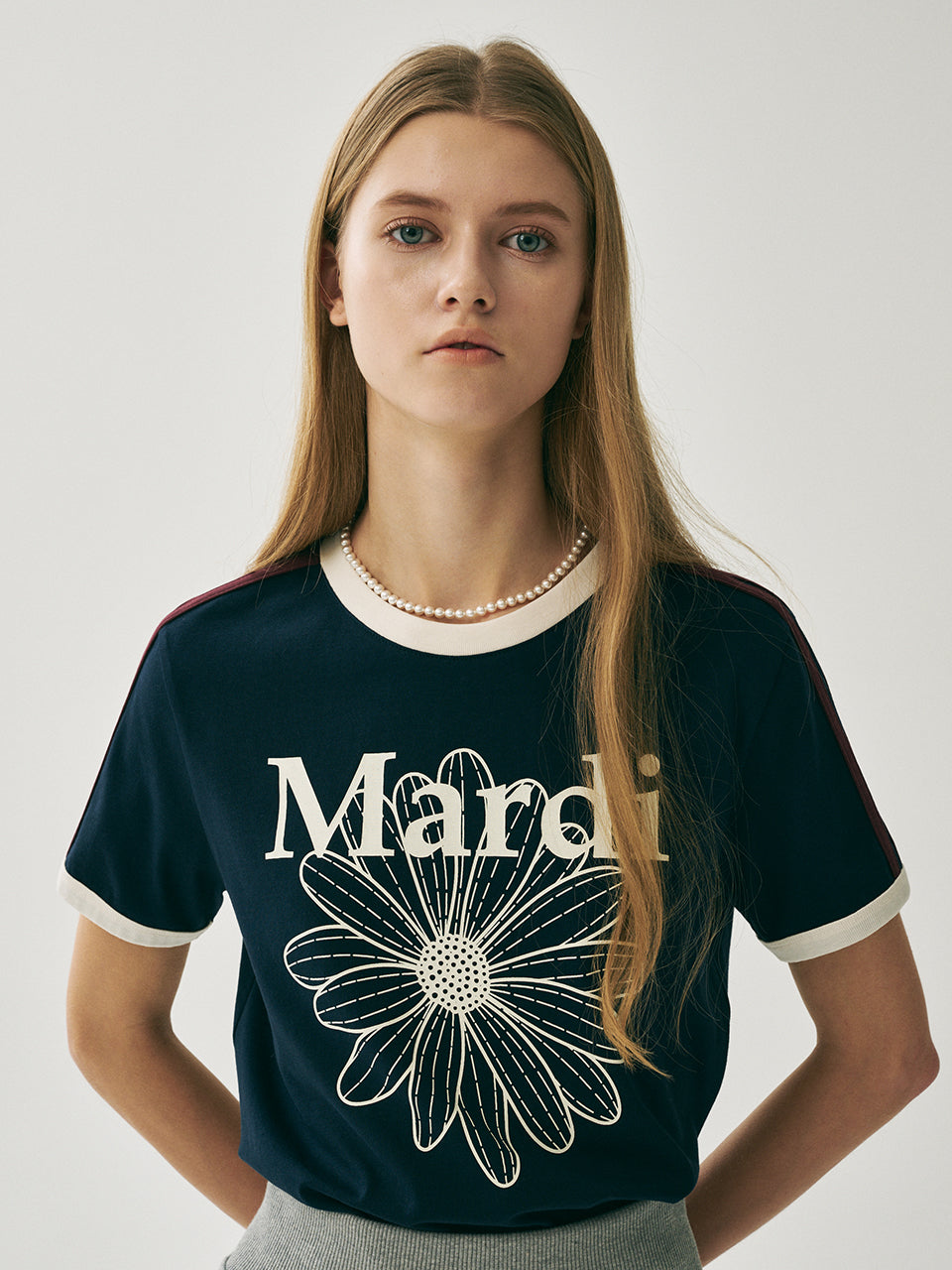 Mardi Mercredi - Slim Ringer Tshirt Flowermardi (Navy Ivory) product image 1 | TRAB K-Fashion Australia