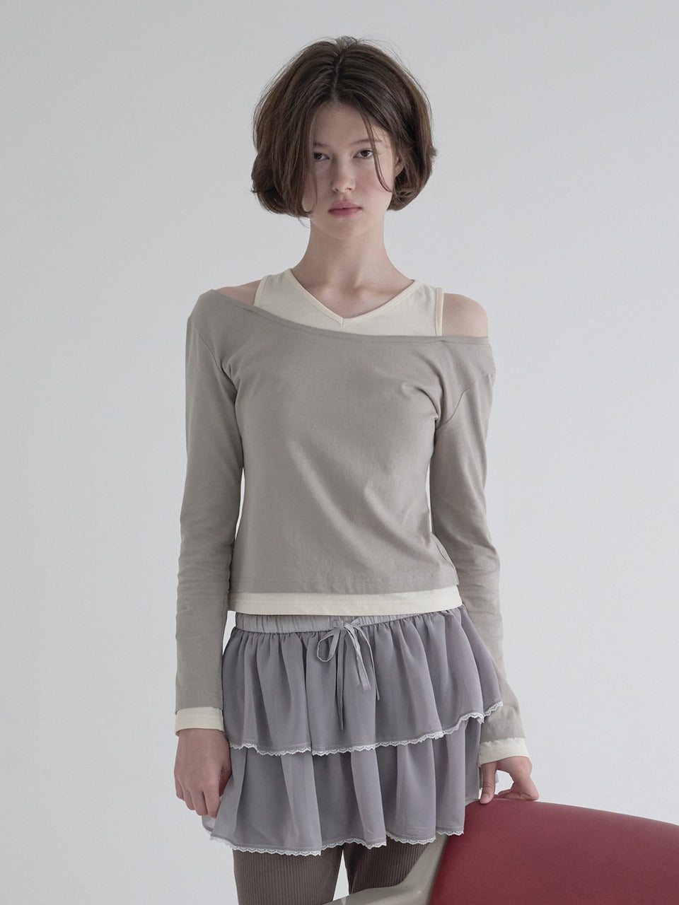 Margarin Fingers - Layered Cutout T-Shirt (Light Grey) product image 1 | TRAB K-Fashion Australia