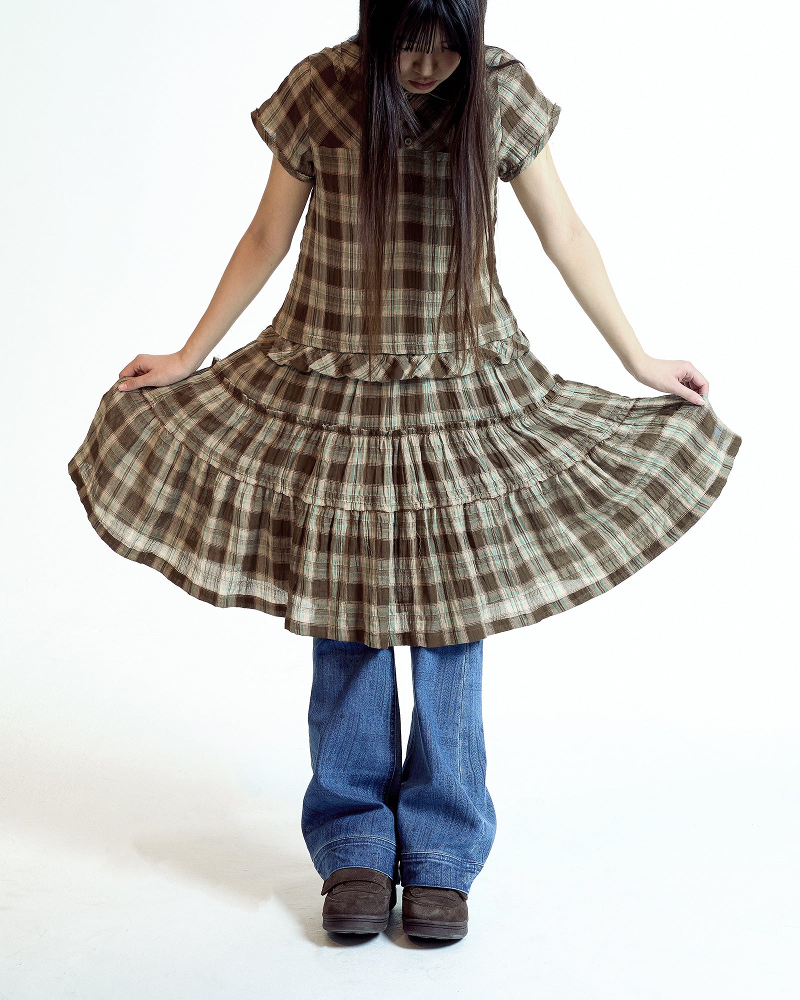 Coyseio - Raw Edge Check One Piece (Brown) product image 2 | TRAB K-Fashion Australia