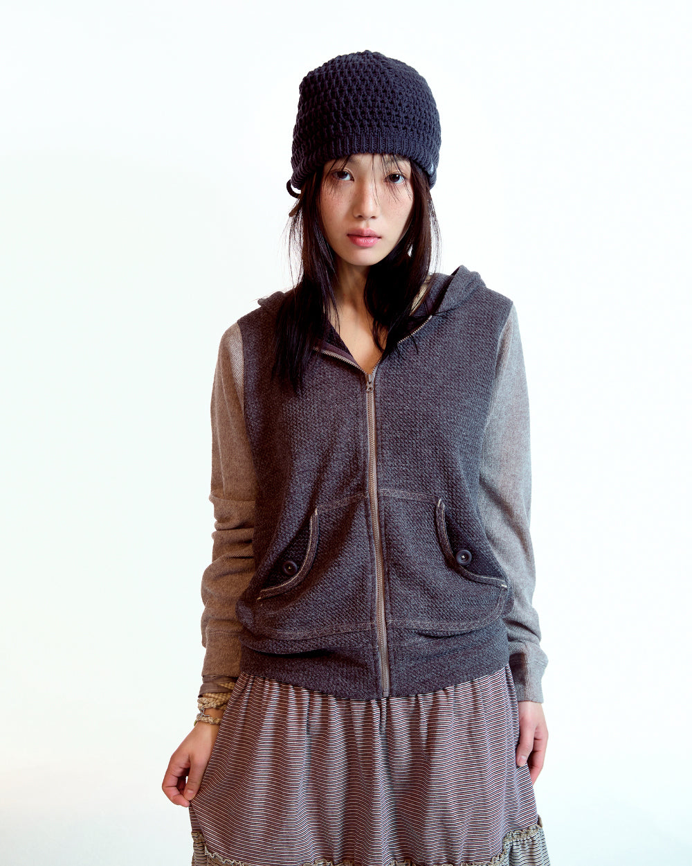 Coyseio - Button Pocket Zip-Up Hoodie Cocoa product image 2 | TRAB K-Fashion Australia