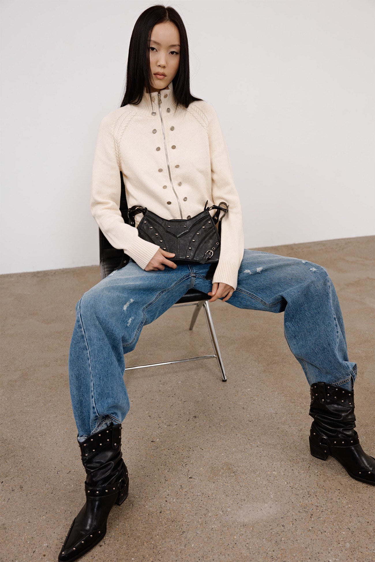 Deinet - High-Neck Stud Knit Outer (Ivory) product image 9 | TRAB K-Fashion Australia