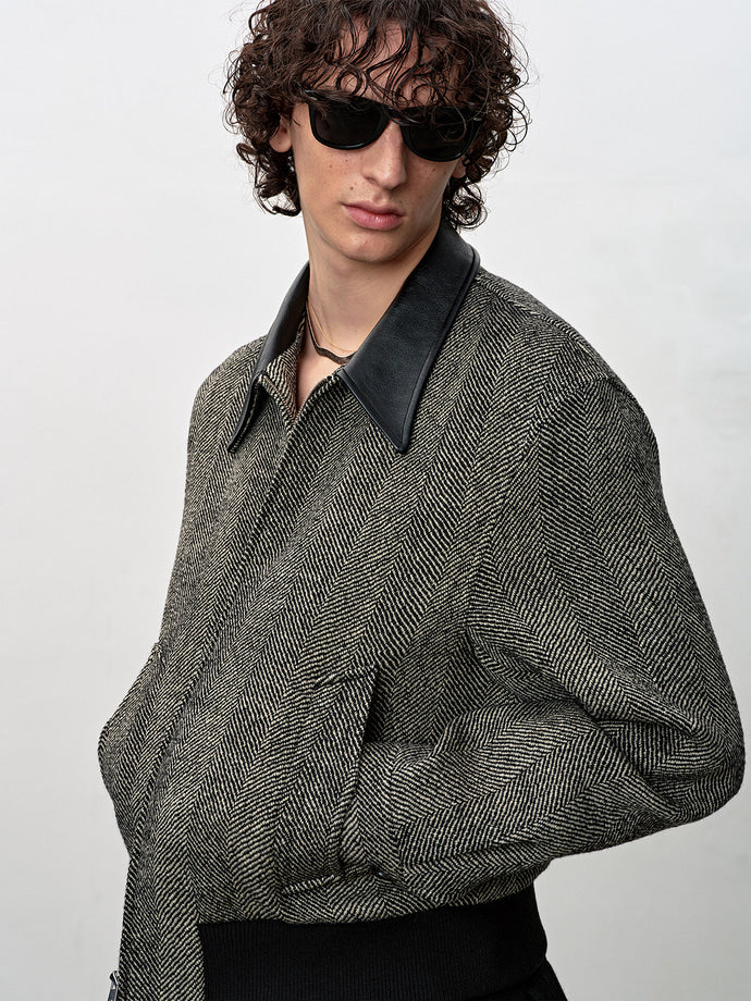 Tonywack - Leather Trim Wool Herringbone Blouson (Black Ecru Herringbone) product image 7 | TRAB K-Fashion Australia