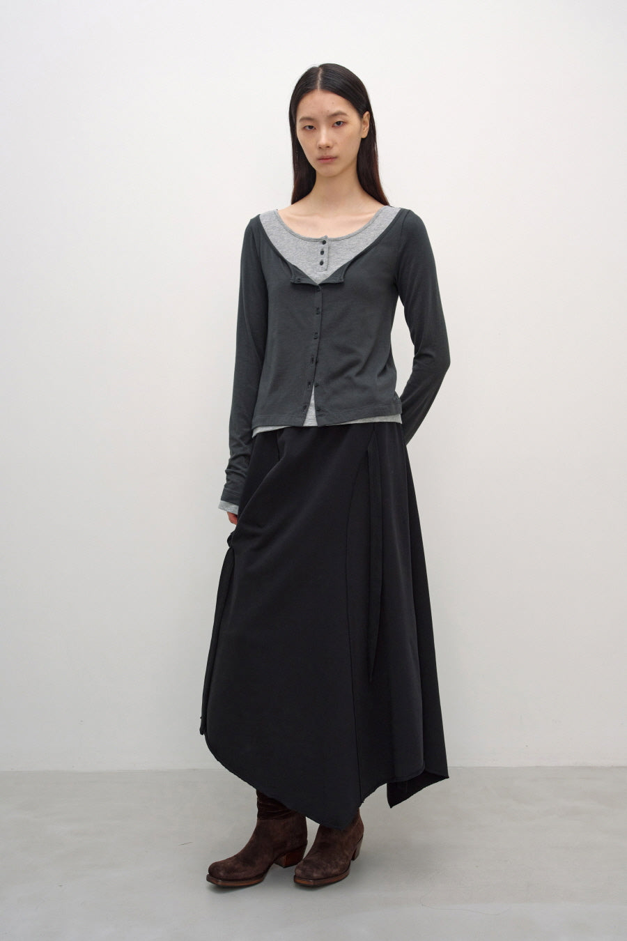 Insilence - Cardigan Layered Henley Long Sleeve (Charcoal) product image 3 | TRAB K-Fashion Australia