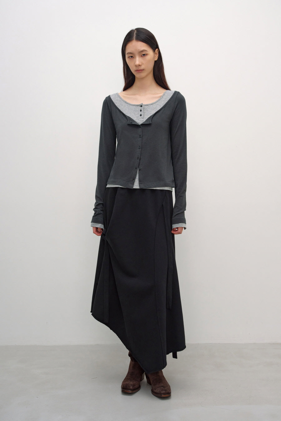Insilence - Cardigan Layered Henley Long Sleeve (Charcoal) product image 6 | TRAB K-Fashion Australia