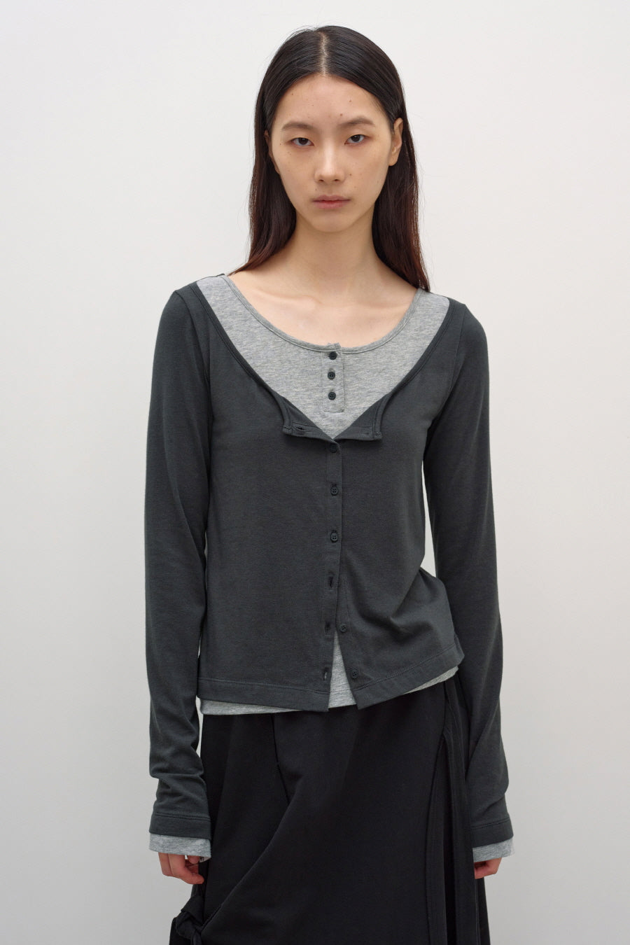 Insilence - Cardigan Layered Henley Long Sleeve (Charcoal) product image 1 | TRAB K-Fashion Australia