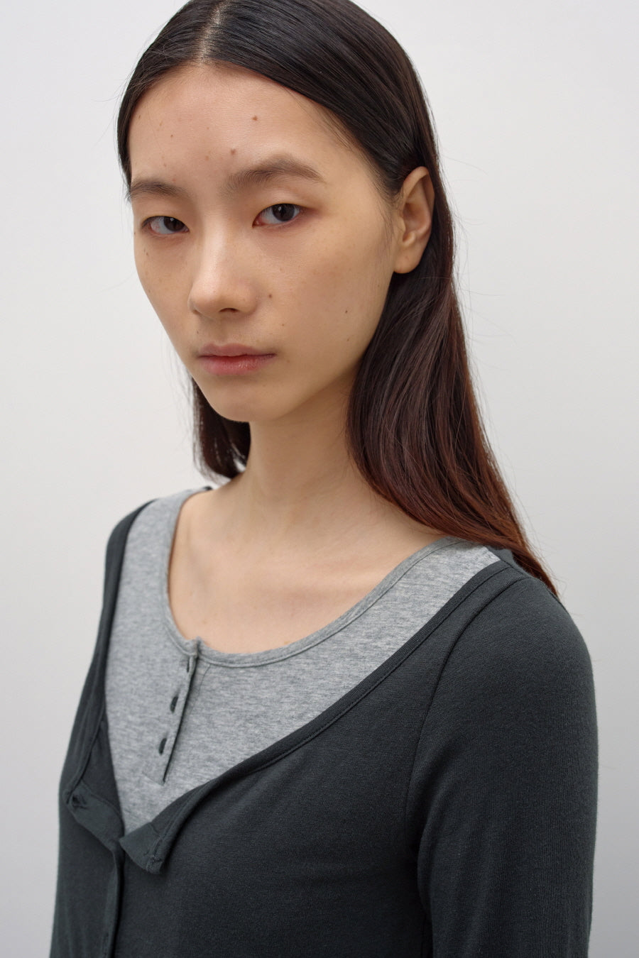 Insilence - Cardigan Layered Henley Long Sleeve (Charcoal) product image 2 | TRAB K-Fashion Australia