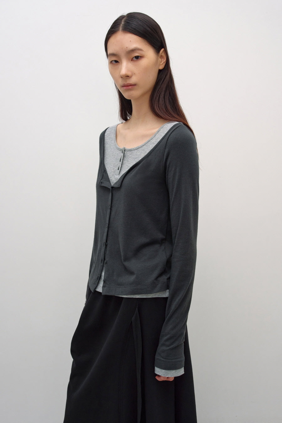 Insilence - Cardigan Layered Henley Long Sleeve (Charcoal) product image 4 | TRAB K-Fashion Australia