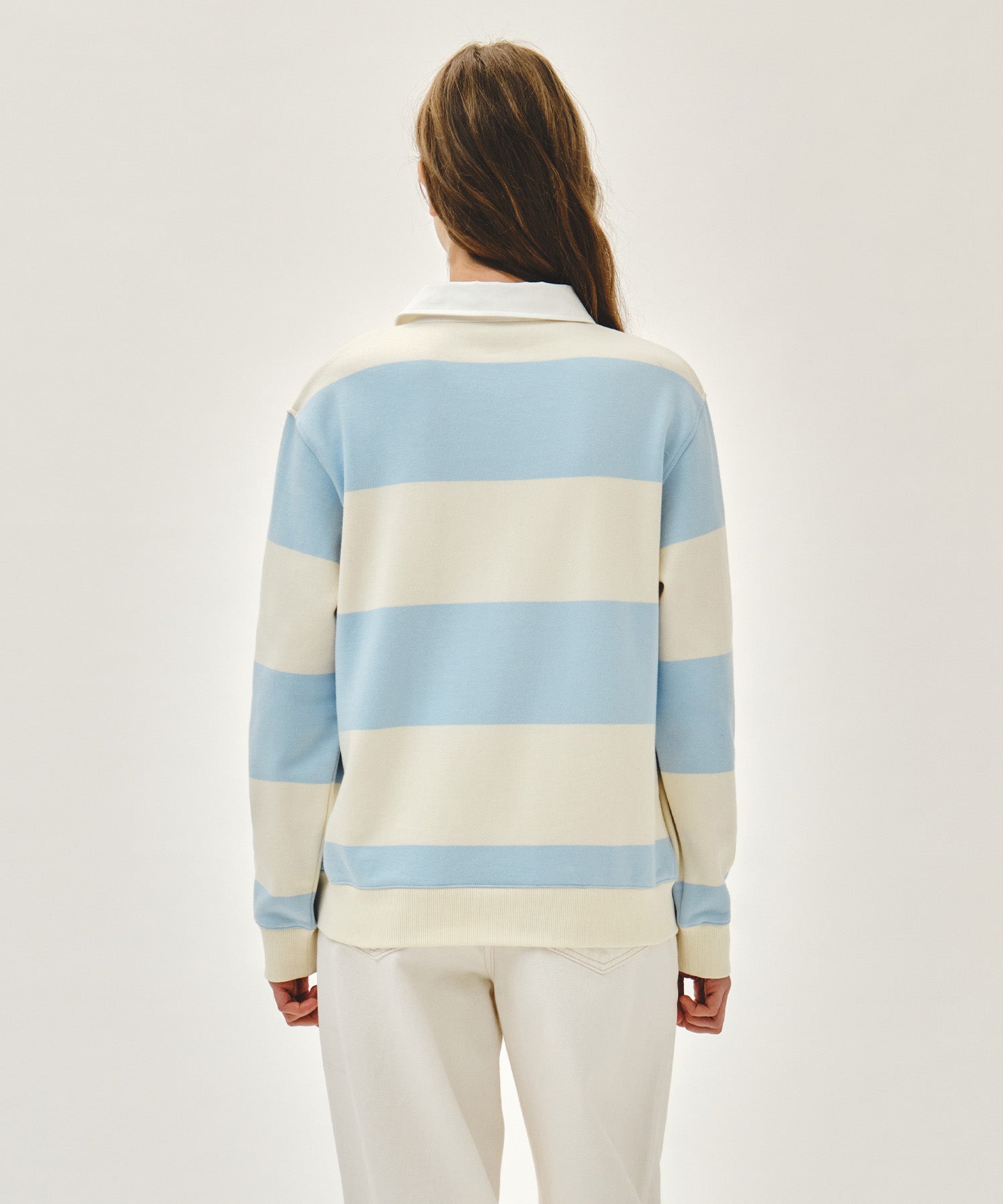 Marithe & Francois Girbaud - Small Classic Logo Rugby Stripe Sweatshirt (Sky Blue) product image 3 | TRAB K-Fashion Australia