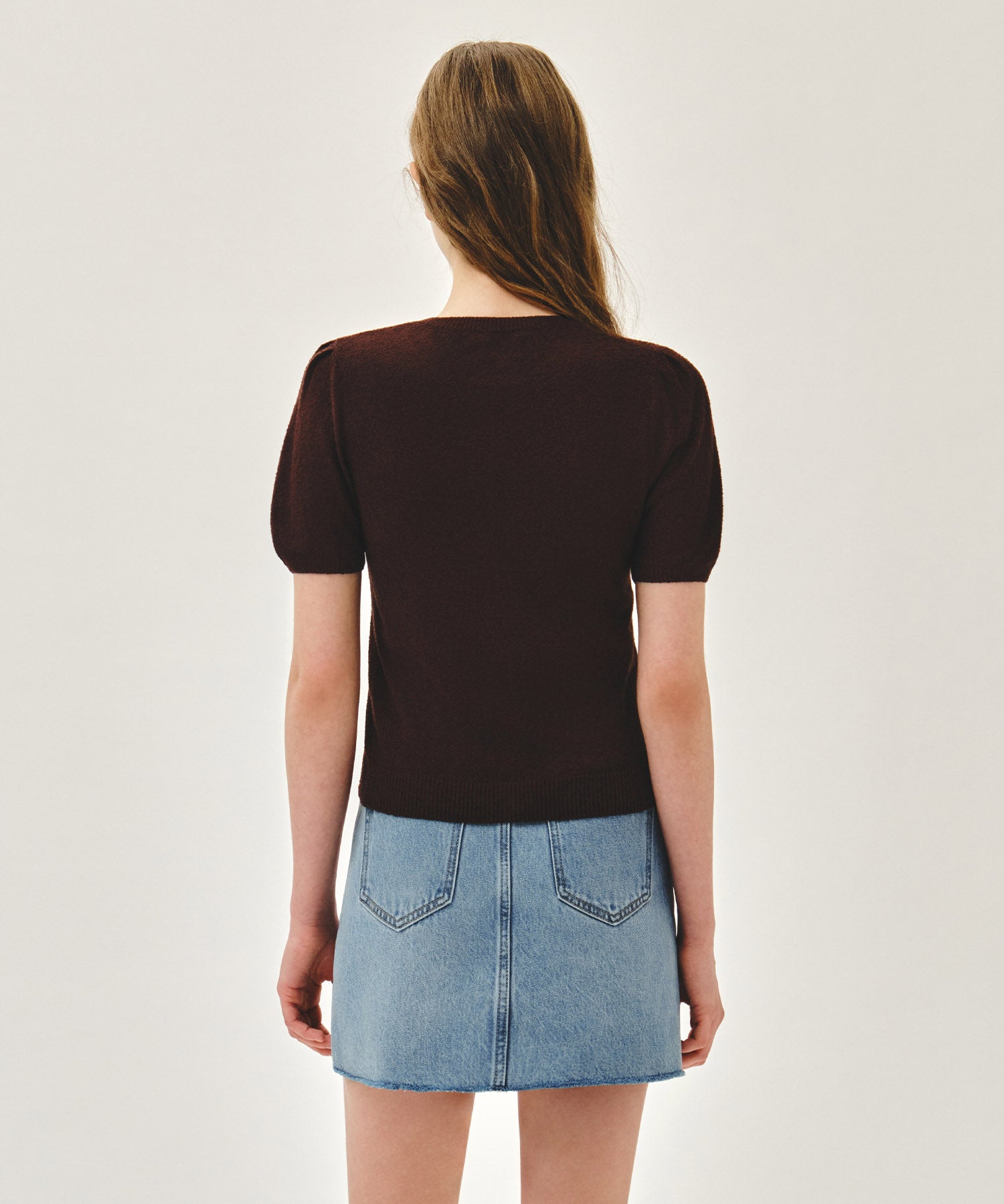 Marithe & Francois Girbaud - Puff Sleeve Half Knit Cardigan (Dark Brown) product image 3 | TRAB K-Fashion Australia