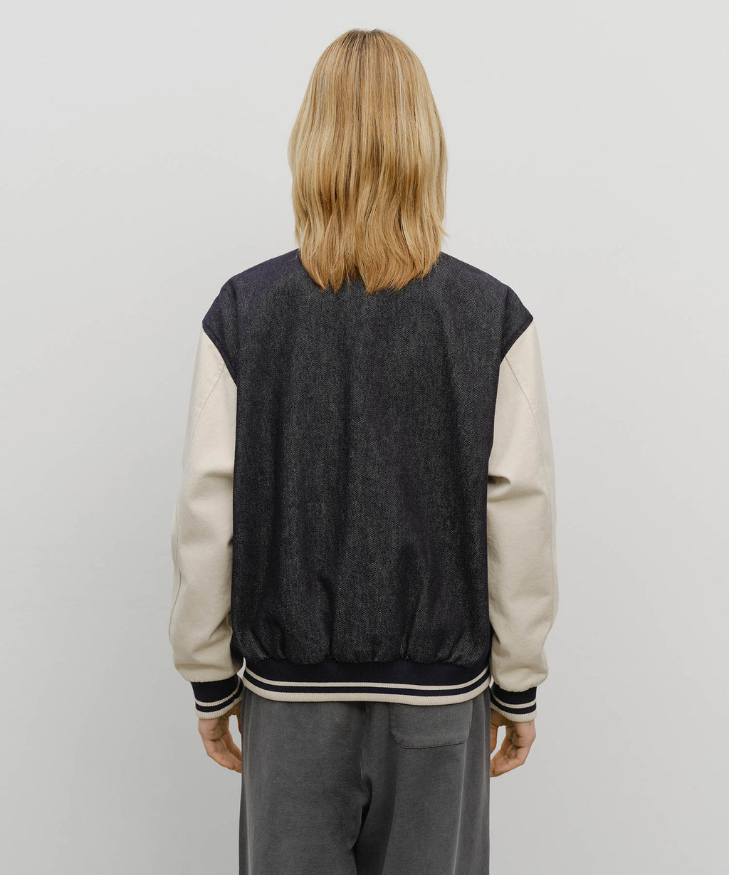 Marithe & Francois Girbaud - Classic Logo Embroidery Denim Varsity Jacket (Navy) product image 3 | TRAB K-Fashion Australia