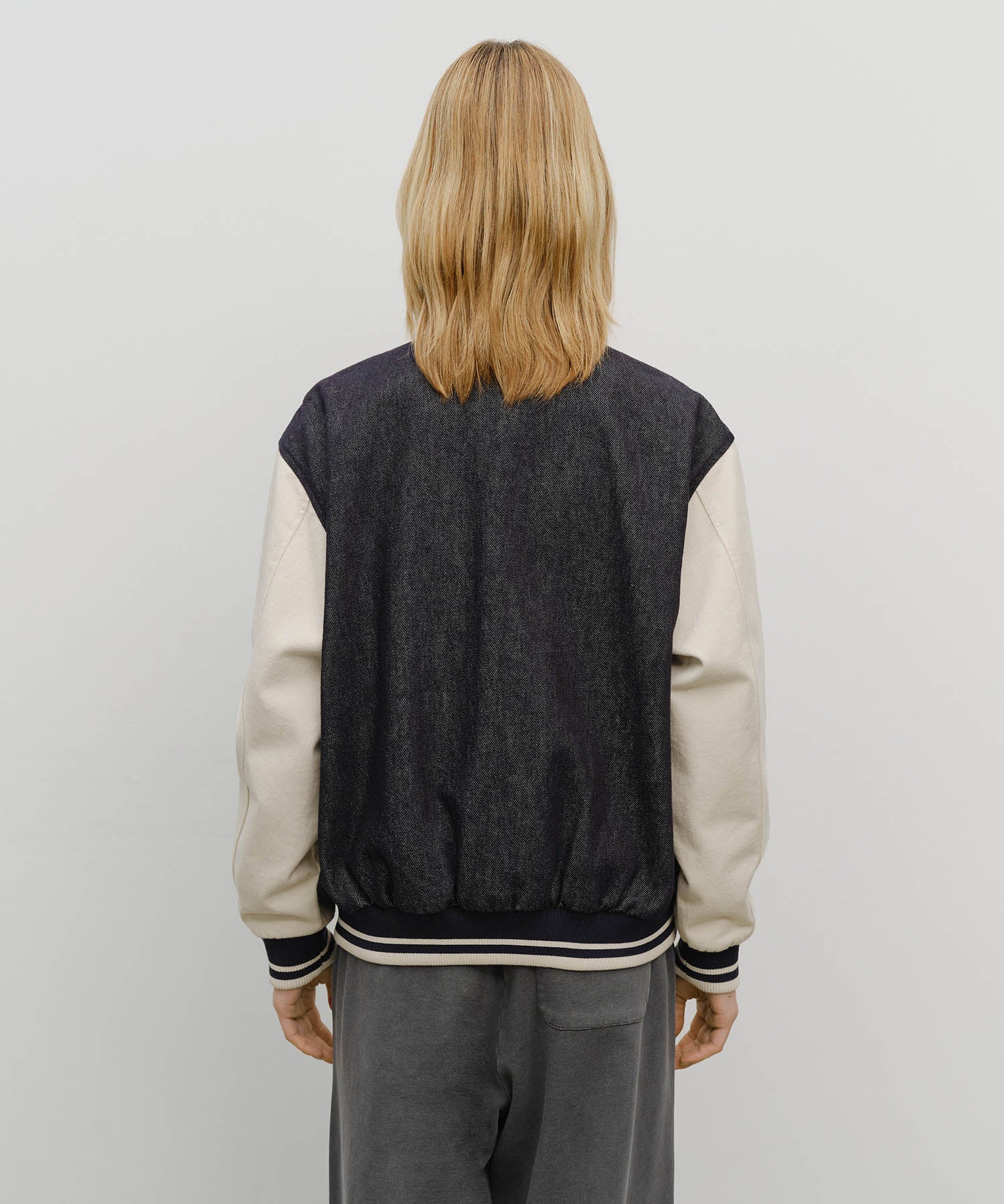 Marithe & Francois Girbaud - Classic Logo Embroidery Denim Varsity Jacket (Navy) product image 3 | TRAB K-Fashion Australia