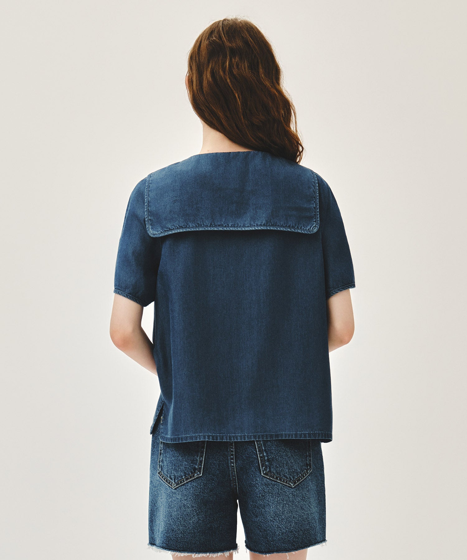 Marithe & Francois Girbaud - Sailor Collar Short Sleeve Chambray Shirt (Dark Blue) product image 3 | TRAB K-Fashion Australia