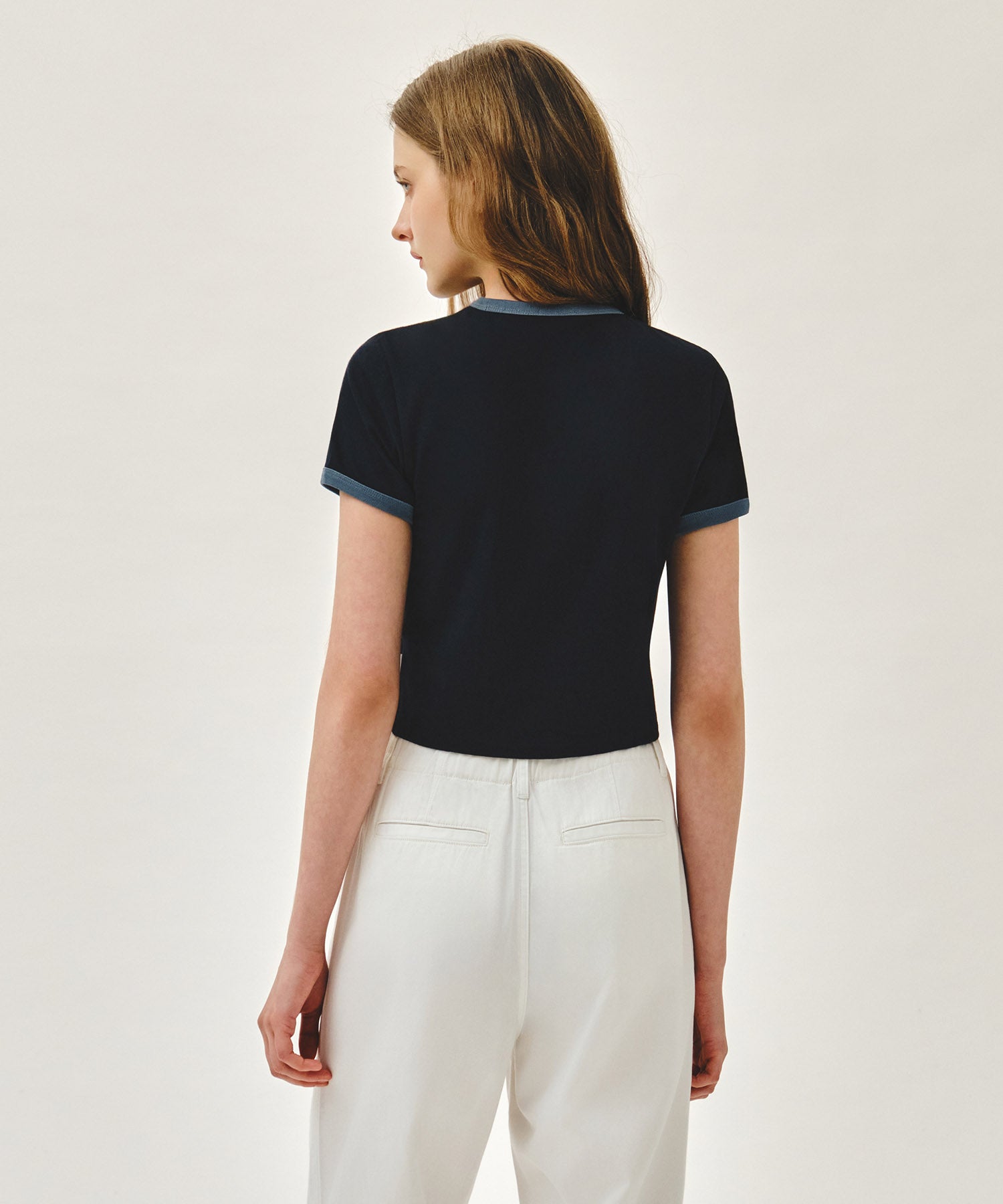 Marithe & Francois Girbaud - [Pre-order – Ships 15 Jul] Classic Logo Applique Ringer Crop Tee (Dark Navy) product image 3 | TRAB K-Fashion Australia
