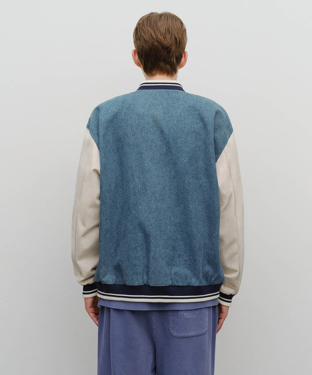 Marithe & Francois Girbaud - Classic Logo Embroidery Denim Varsity Jacket (Light Blue) product image 3 | TRAB K-Fashion Australia
