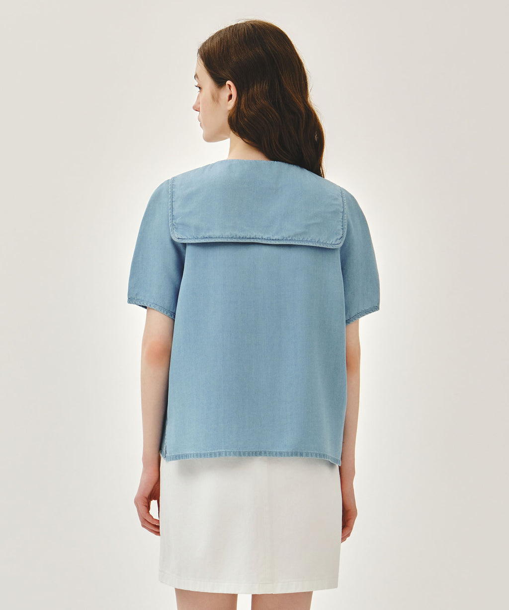 Marithe & Francois Girbaud - Sailor Collar Short Sleeve Chambray Shirt (Light Blue) product image 3 | TRAB K-Fashion Australia