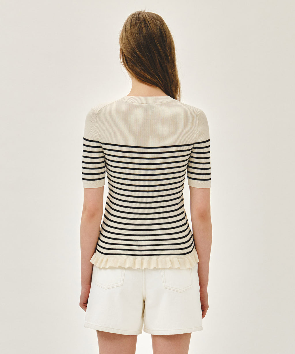 Marithe & Francois Girbaud - Ruffle Point Stripe Half Knit Pullover (Beige) product image 3 | TRAB K-Fashion Australia