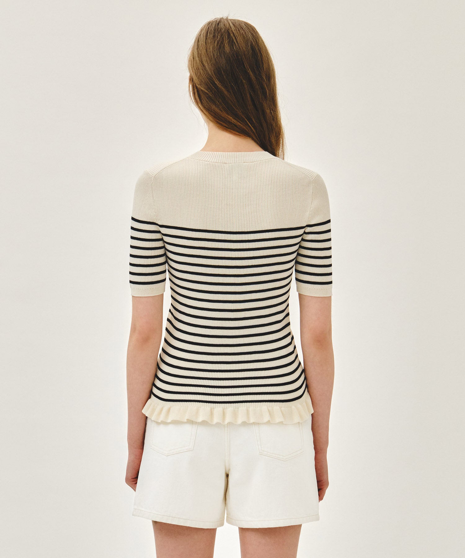 Marithe & Francois Girbaud - Ruffle Point Stripe Half Knit Pullover (Beige) product image 3 | TRAB K-Fashion Australia