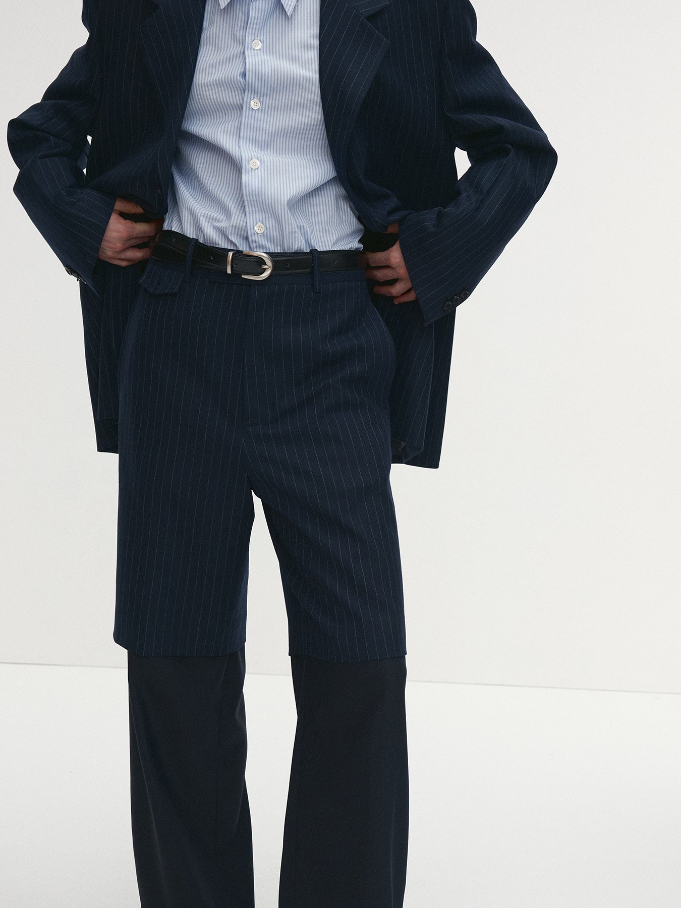 Tonywack - Striped Wool Layered Trousers (Navy Pinstripe) product image 1 | TRAB K-Fashion Australia