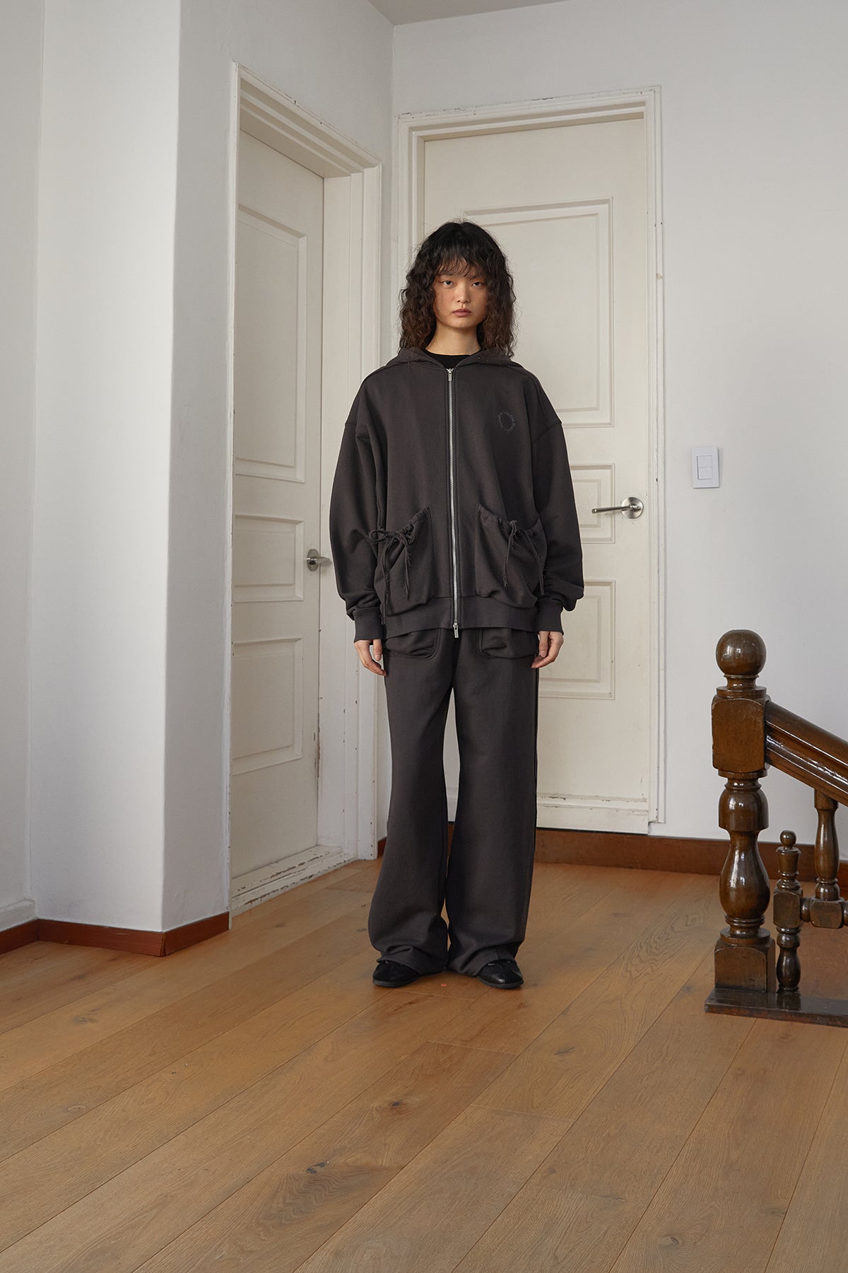 Matin Kim - Volume Pocket Hoody Zip Up (Charcoal) product image 14 | TRAB K-Fashion Australia