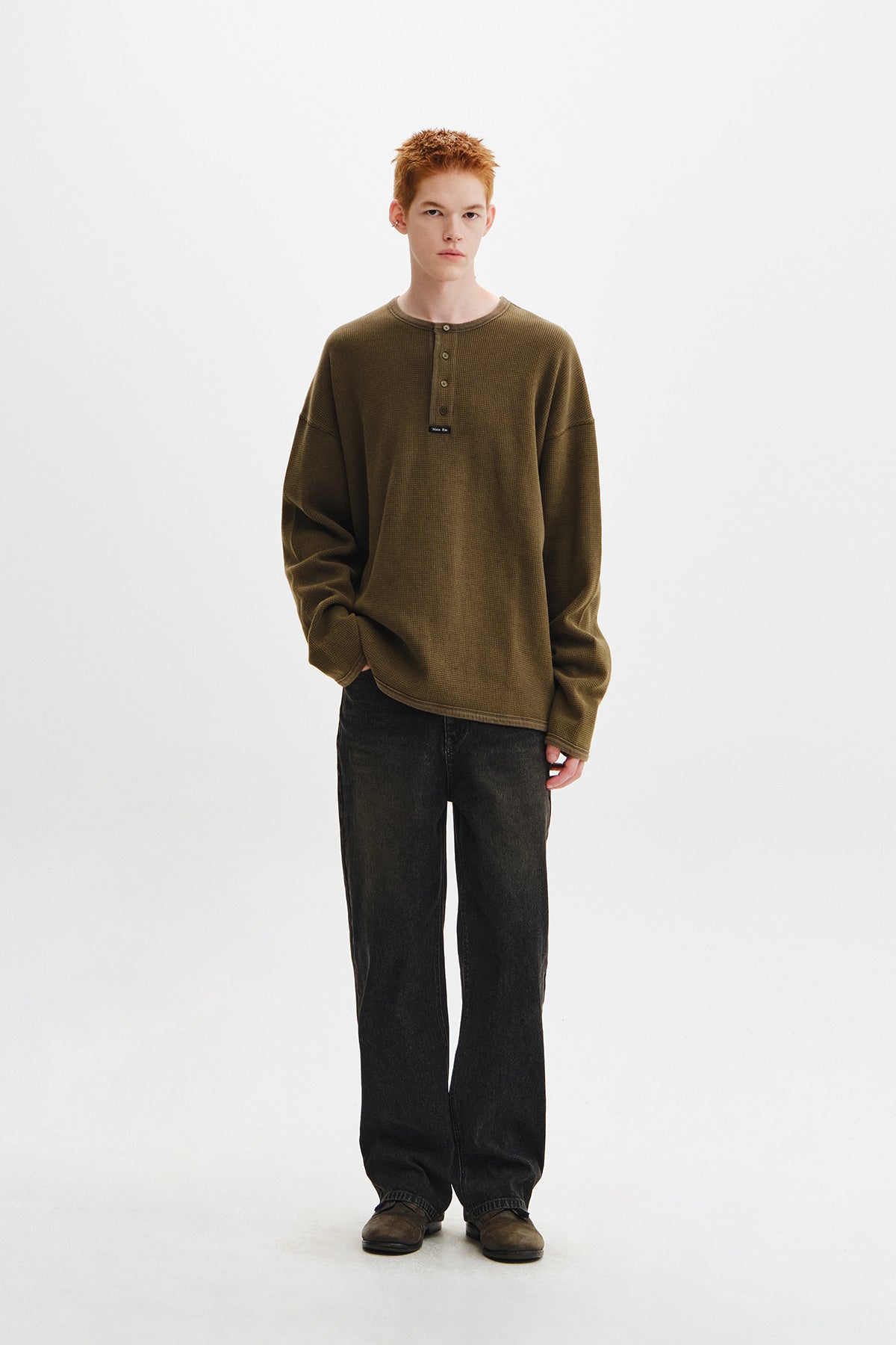 Matin Kim - Matin Washed Waffle Henley Neck Top (Khaki) product image 10 | TRAB K-Fashion Australia