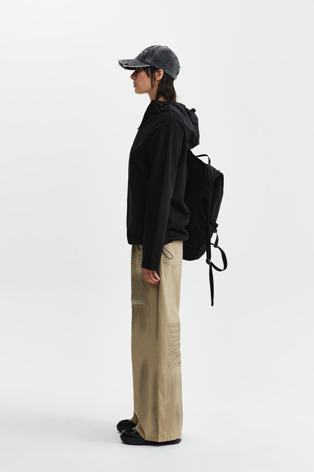 Matin Kim - Distressed Herringbone Wide Pants (Beige) product image 7 | TRAB K-Fashion Australia