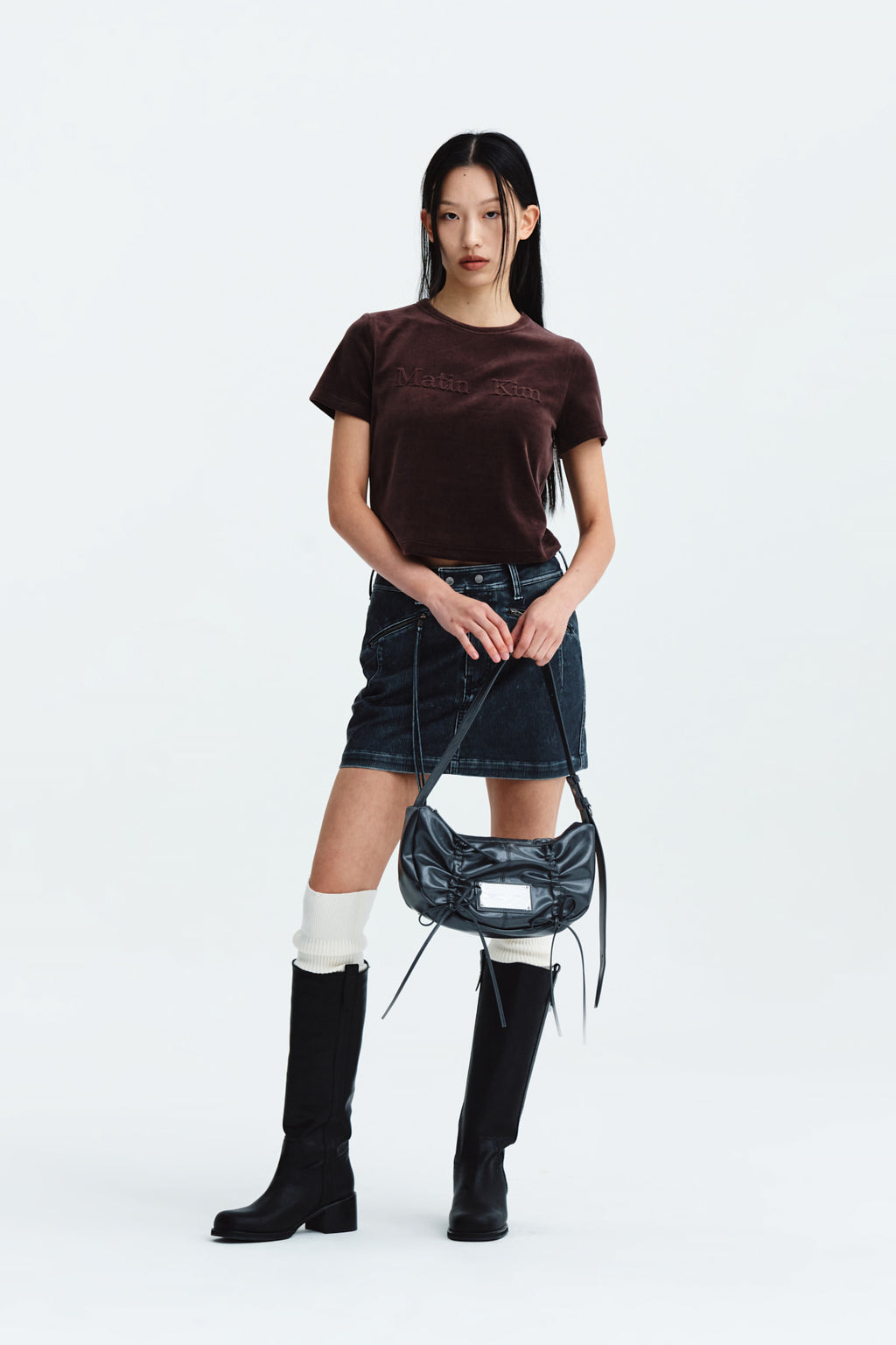 Matin Kim - Logo Emboss Velvet Crop Top (Brown) product image 9 | TRAB K-Fashion Australia