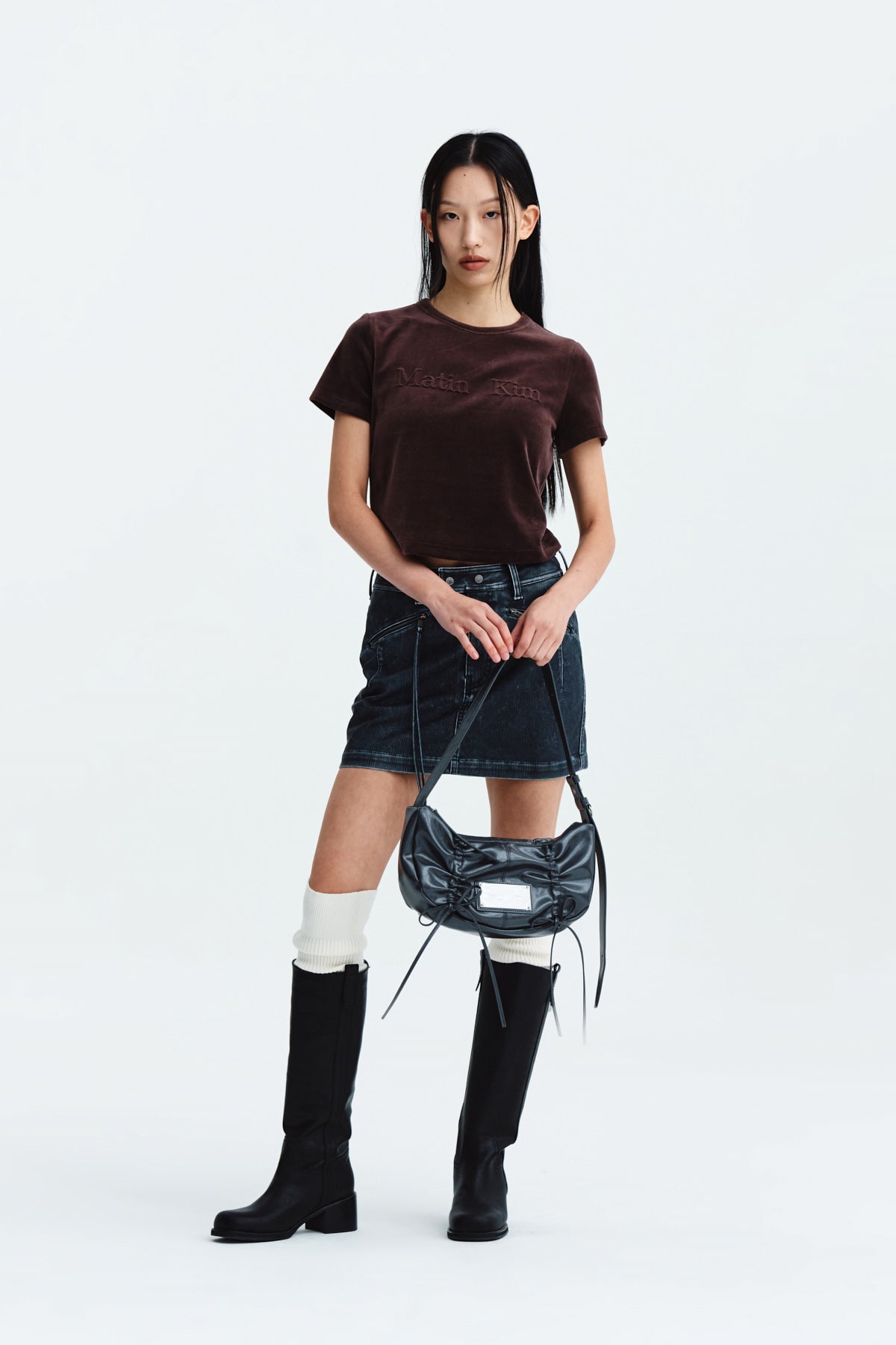 Matin Kim - Logo Emboss Velvet Crop Top (Brown) product image 9 | TRAB K-Fashion Australia
