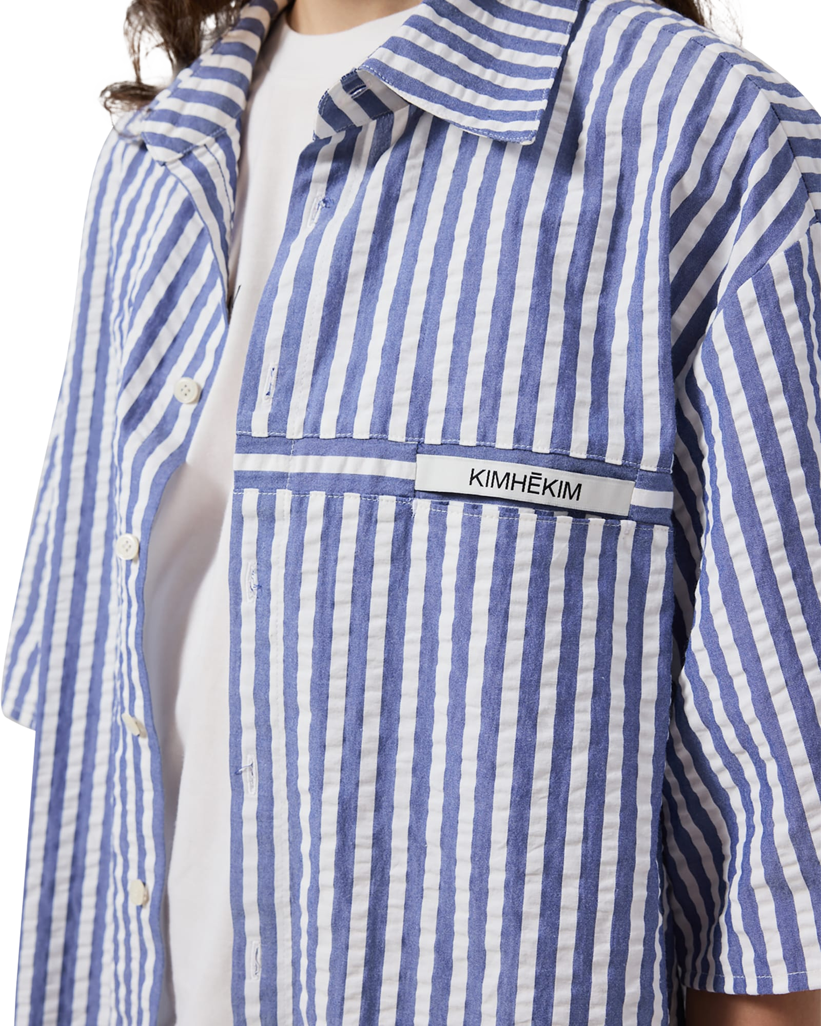 Kimhe Kim - Stripped Label Short Sleeves Shirt (Blue) product image 6 | TRAB K-Fashion Australia