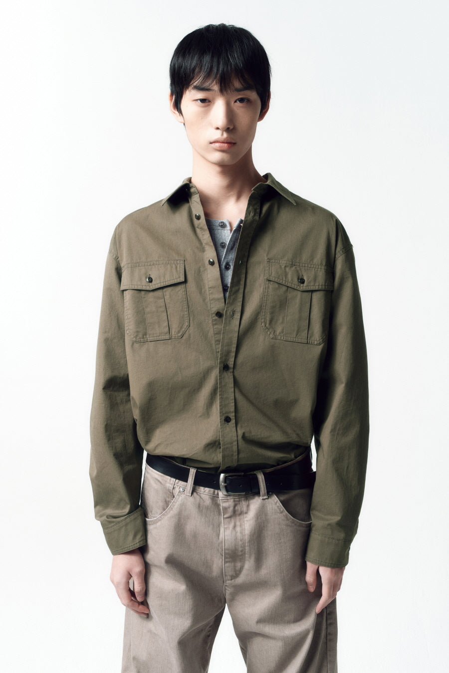 Insilence - Washed Cotton CPO Shirt (Washed Olive) product image 2 | TRAB K-Fashion Australia