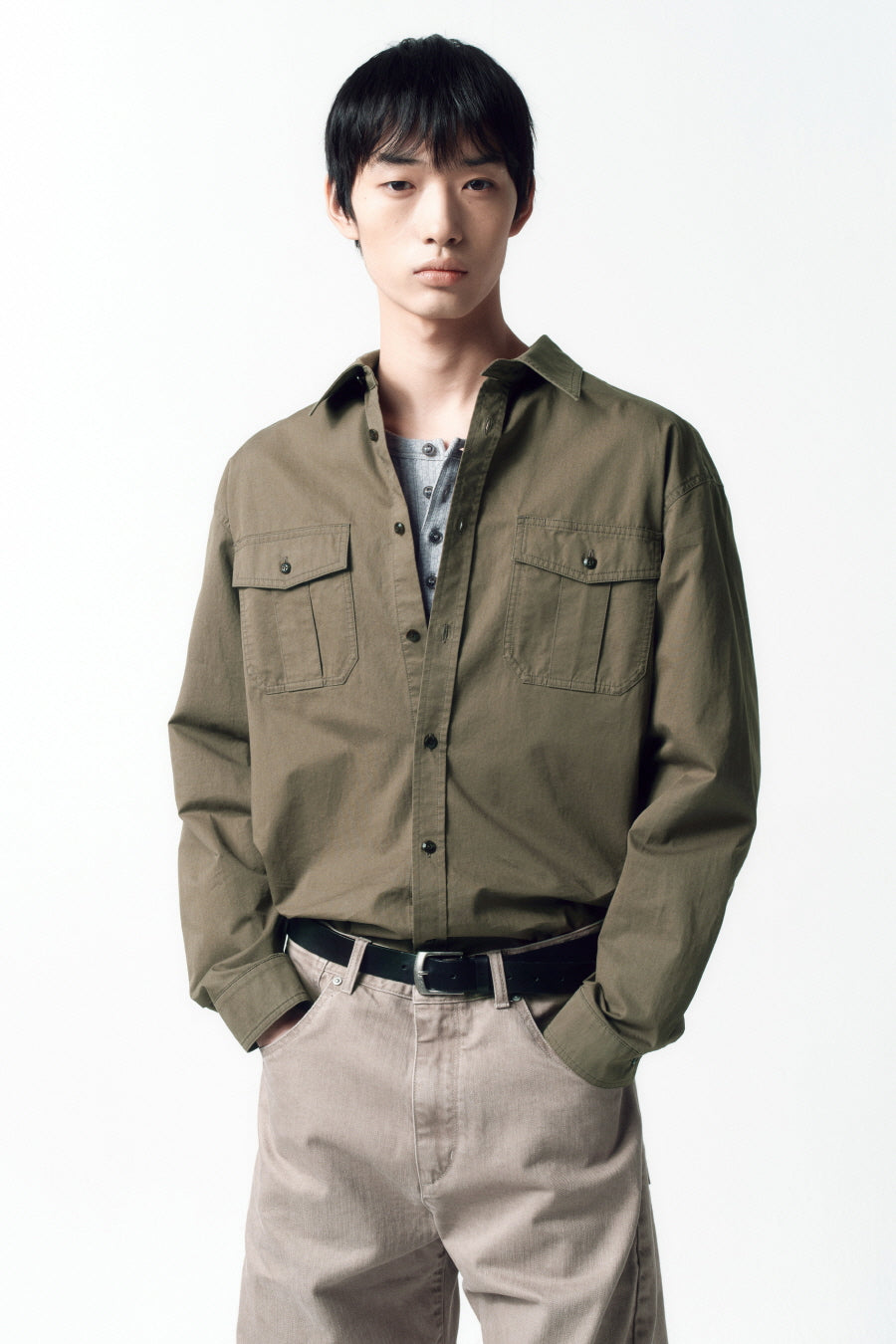 Insilence - Washed Cotton CPO Shirt (Washed Olive) product image 6 | TRAB K-Fashion Australia