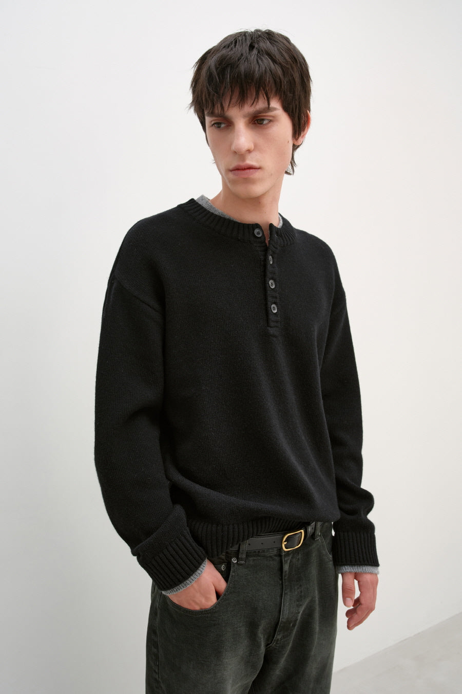 Insilence - Double-layered Henley Neck Knit (Black) product image 5 | TRAB K-Fashion Australia