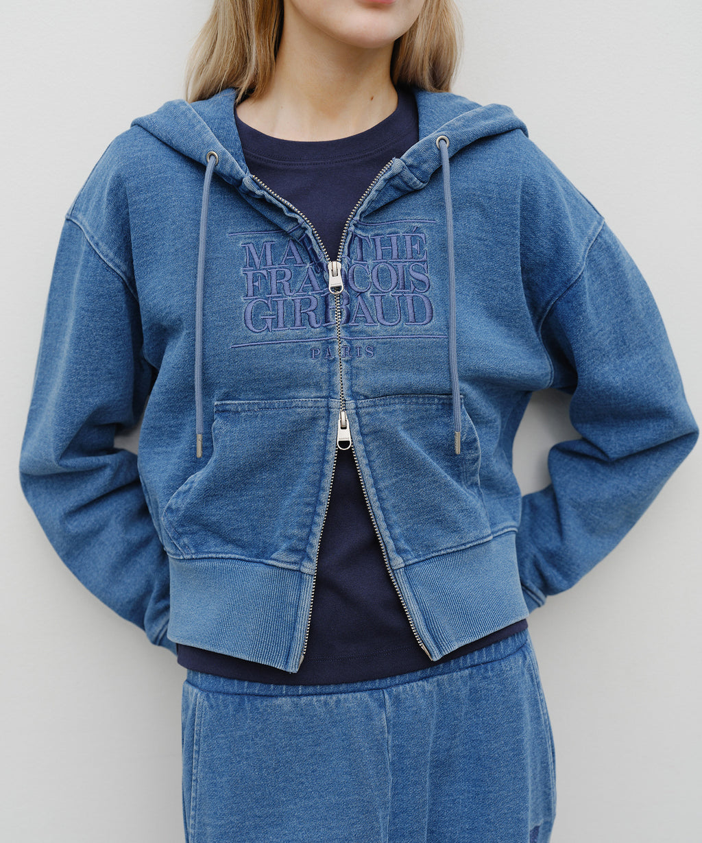Marithe & Francois Girbaud - Embroidery Classic Logo Crop Hoodie Zipup (Blue) product image 4 | TRAB K-Fashion Australia