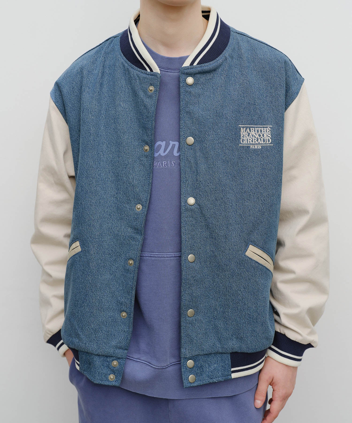 Marithe & Francois Girbaud - Classic Logo Embroidery Denim Varsity Jacket (Light Blue) product image 4 | TRAB K-Fashion Australia