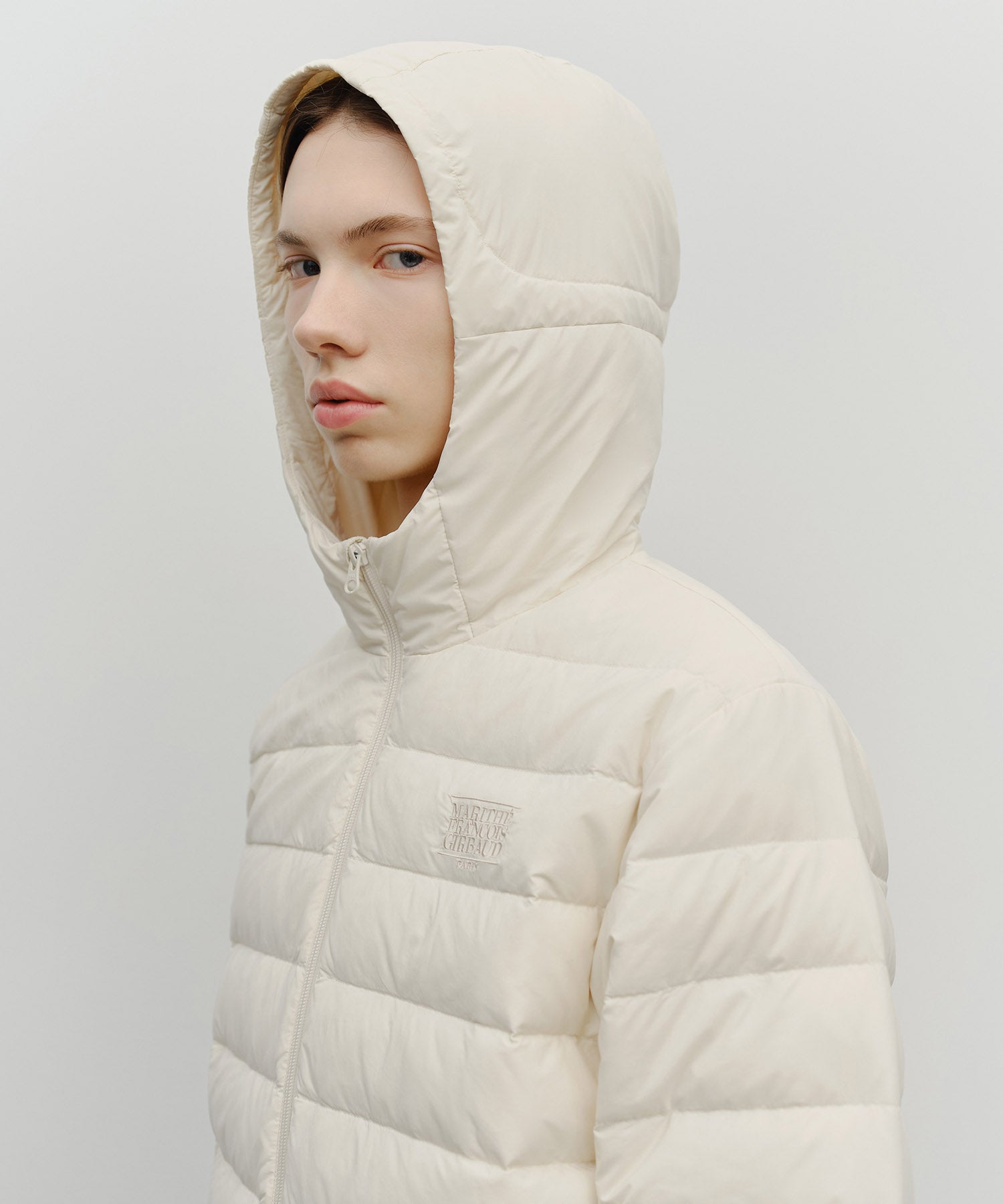 Marithe & Francois Girbaud - Classic Logo Hooded Light Down Jacket (Ivory) product image 4 | TRAB K-Fashion Australia