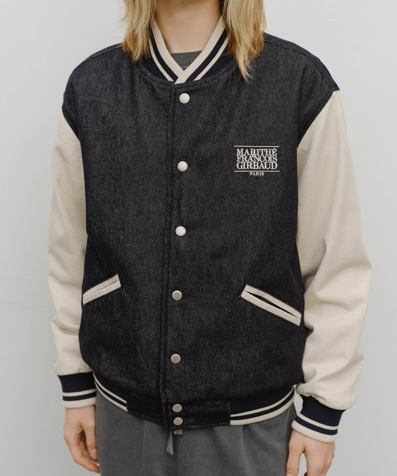 Marithe & Francois Girbaud - Classic Logo Embroidery Denim Varsity Jacket (Navy) product image 4 | TRAB K-Fashion Australia