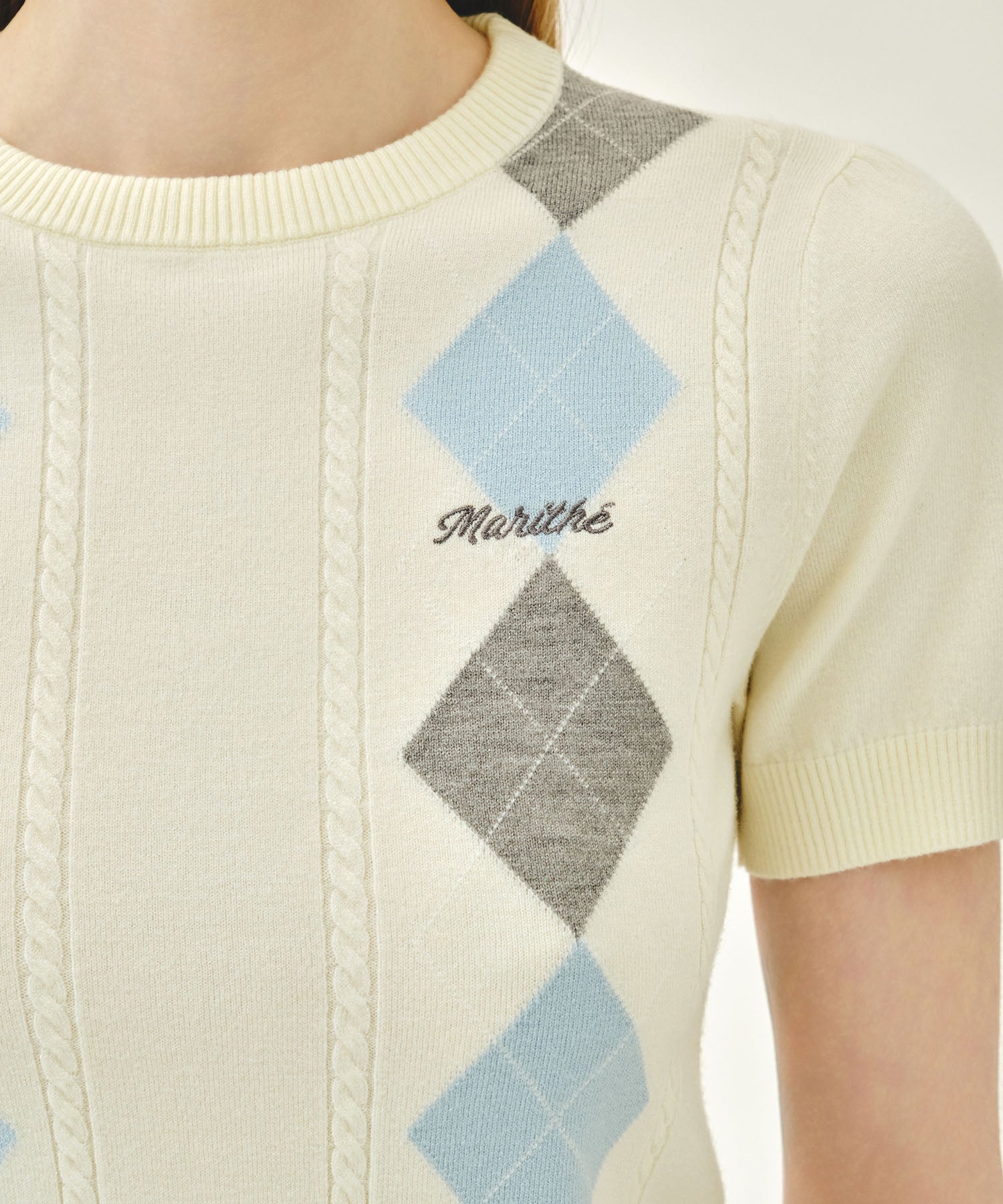 Marithe & Francois Girbaud - Argyle Cable Half Knit Pullover (Ivory) product image 4 | TRAB K-Fashion Australia
